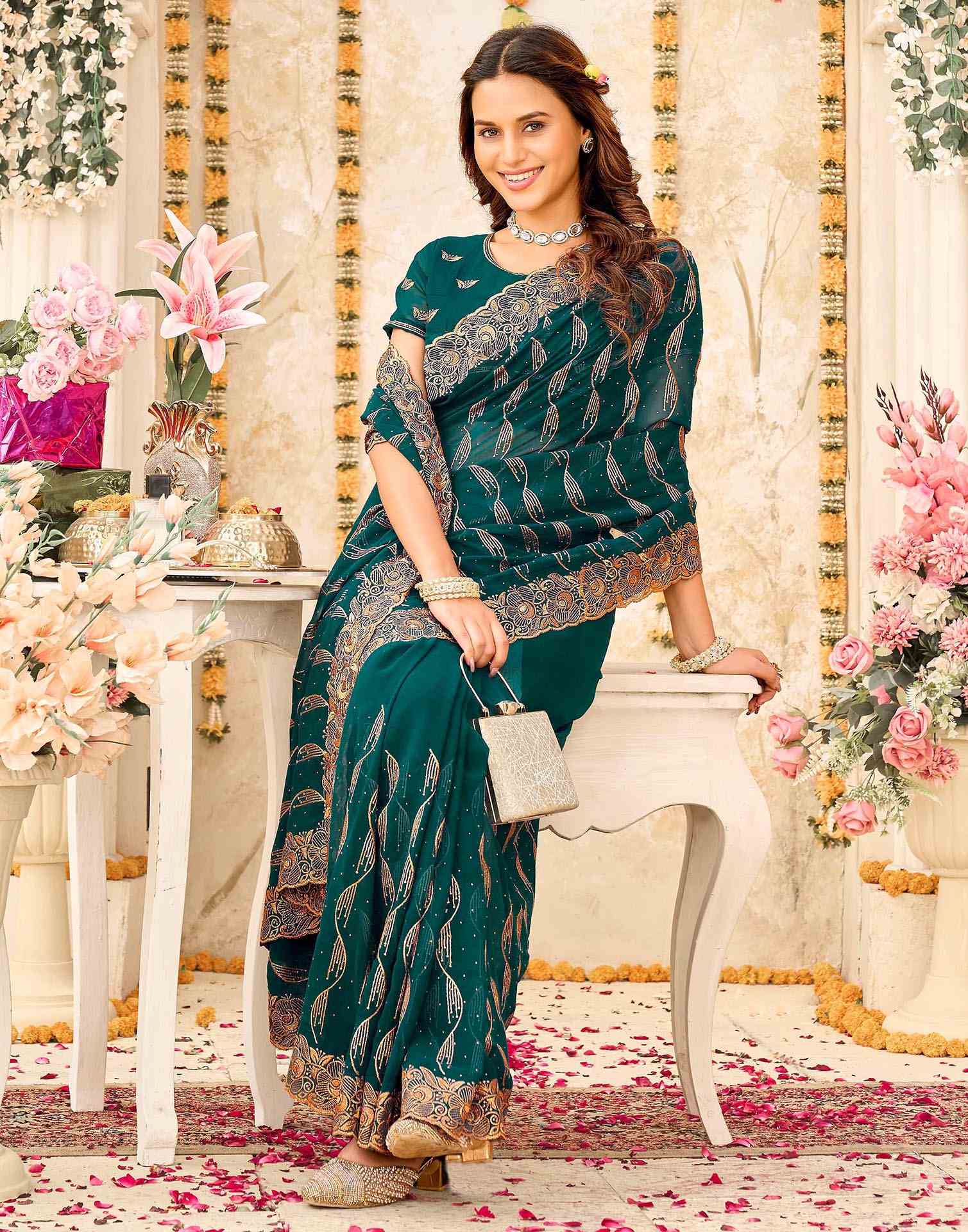 Teal Green Georgette Embroidery Swarovski Saree - Image 5