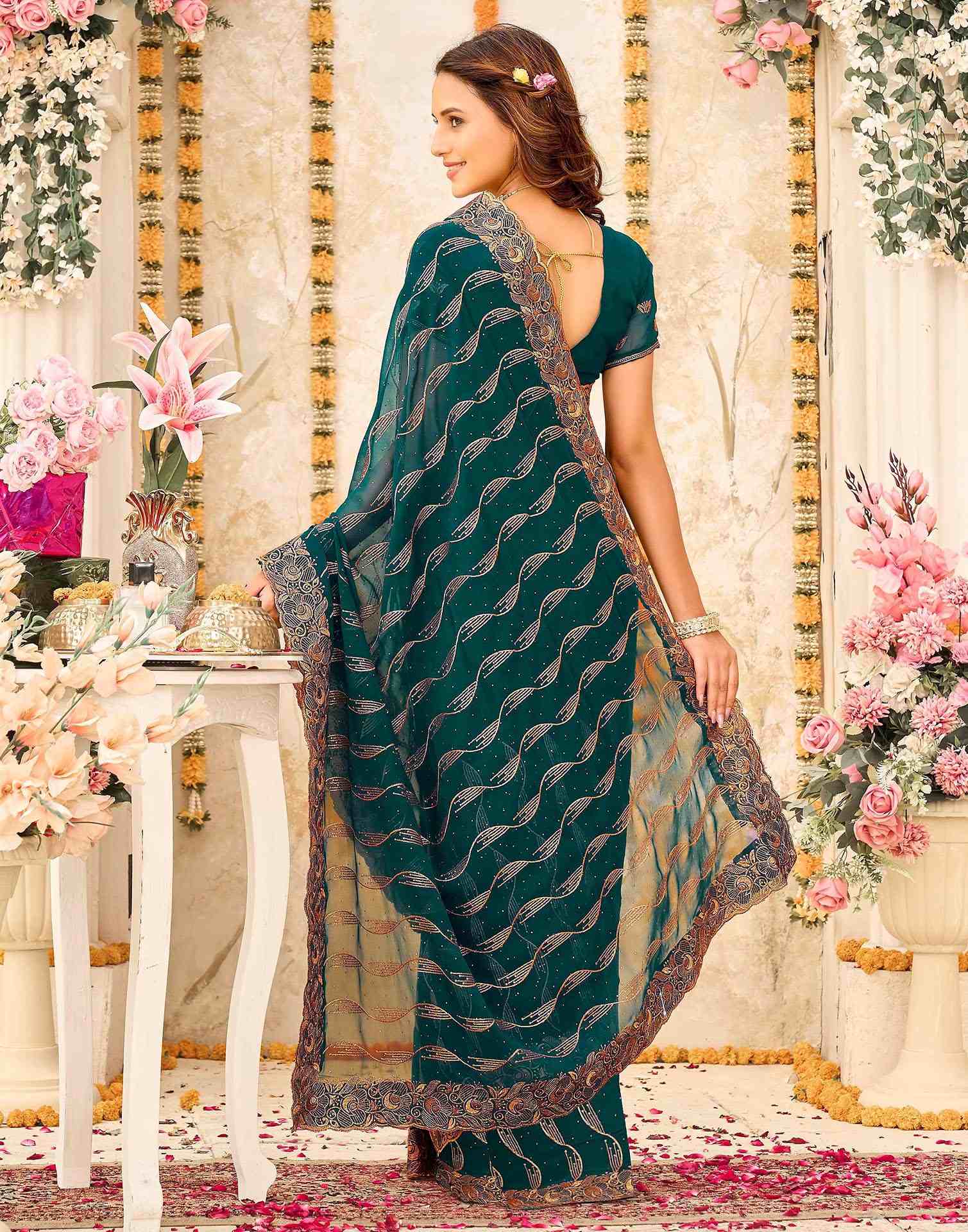 Teal Green Georgette Embroidery Swarovski Saree - Image 6