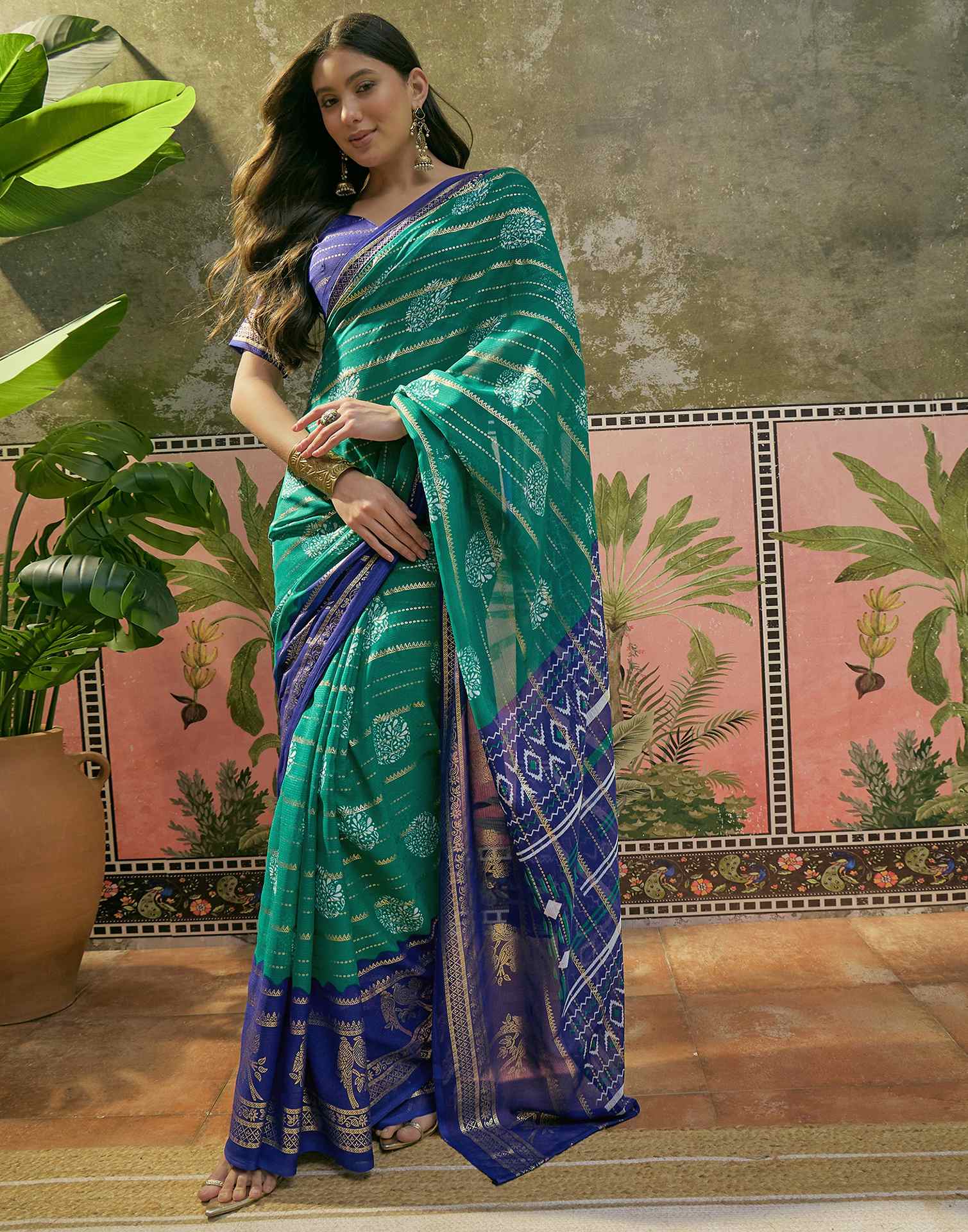 Teal Green Georgette Foil Printed Saree