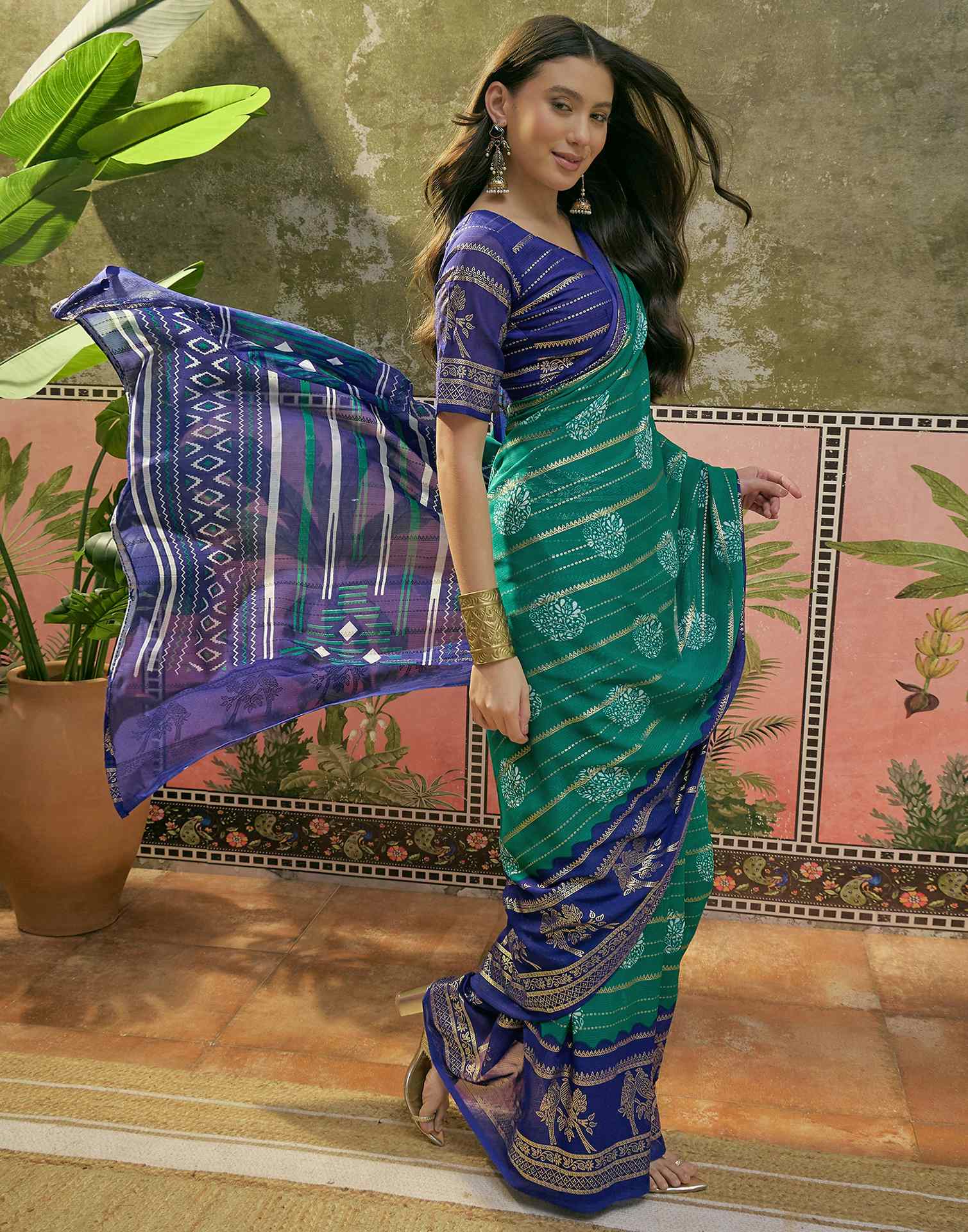 Teal Green Georgette Foil Printed Saree - Image 6