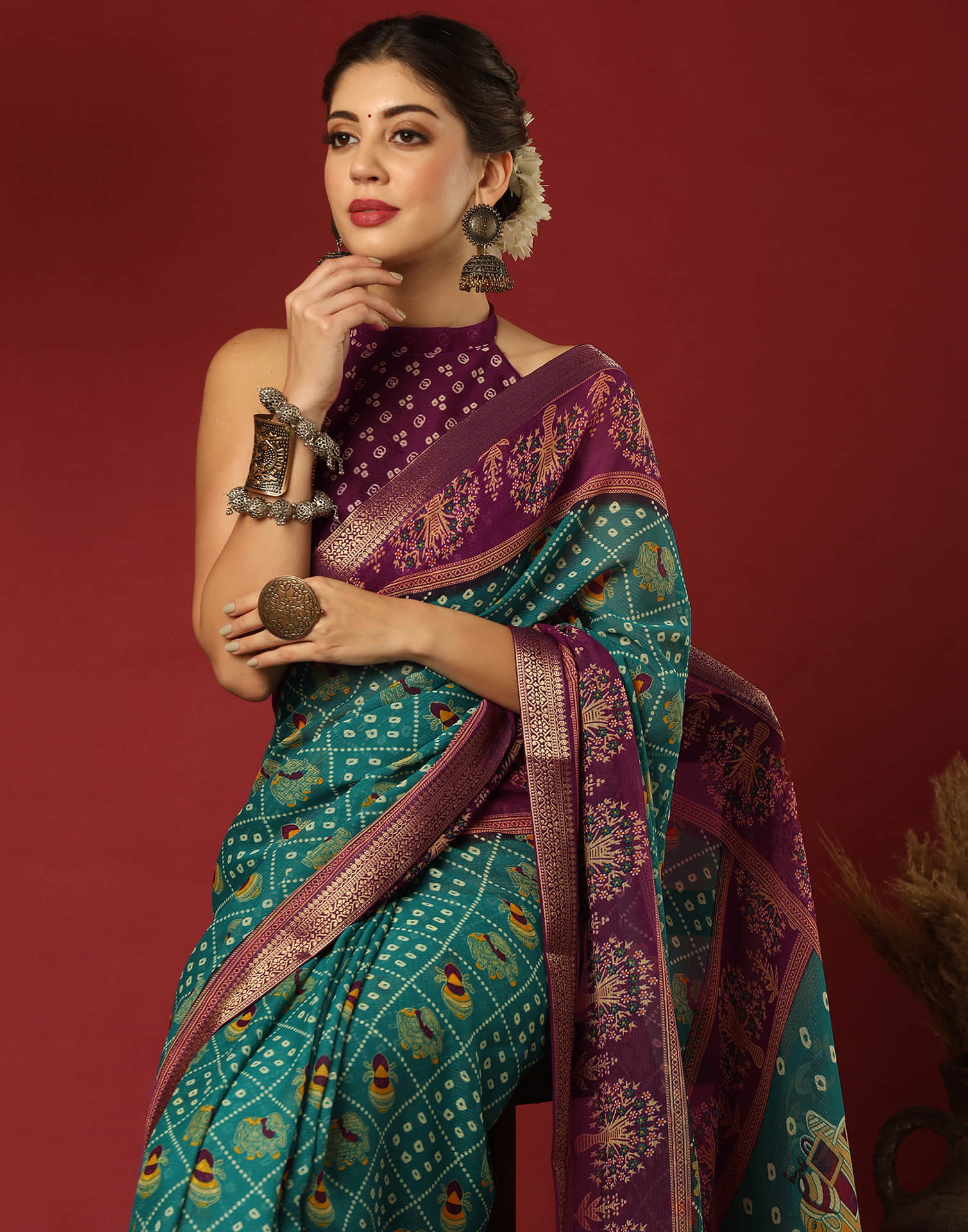 Teal Green Georgette Printed Bandhani Saree - Image 2