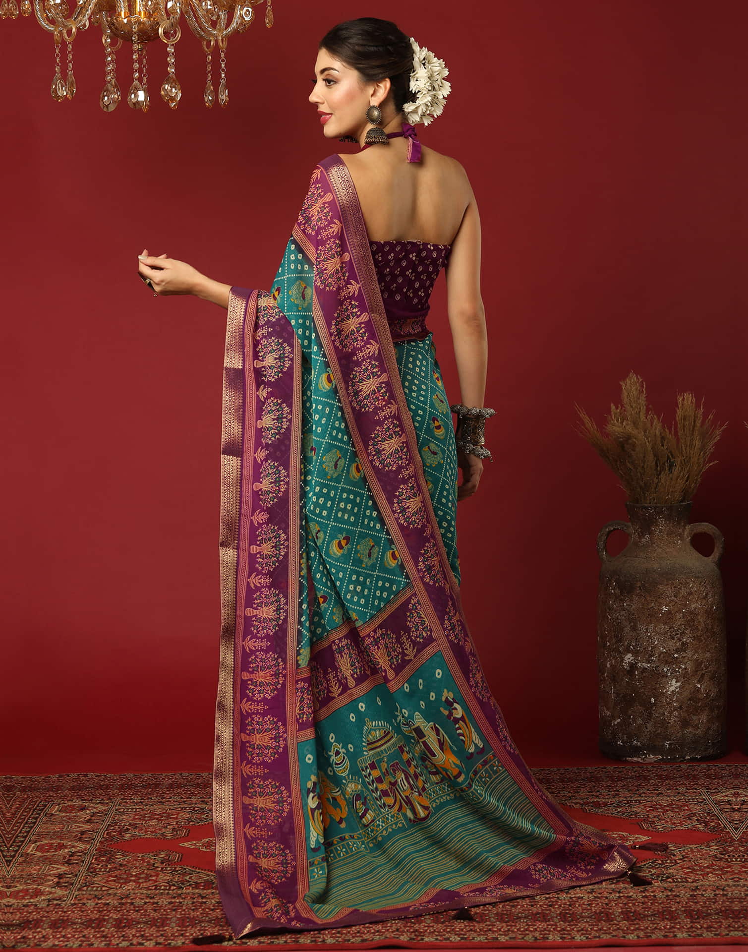 Teal Green Georgette Printed Bandhani Saree - Image 5
