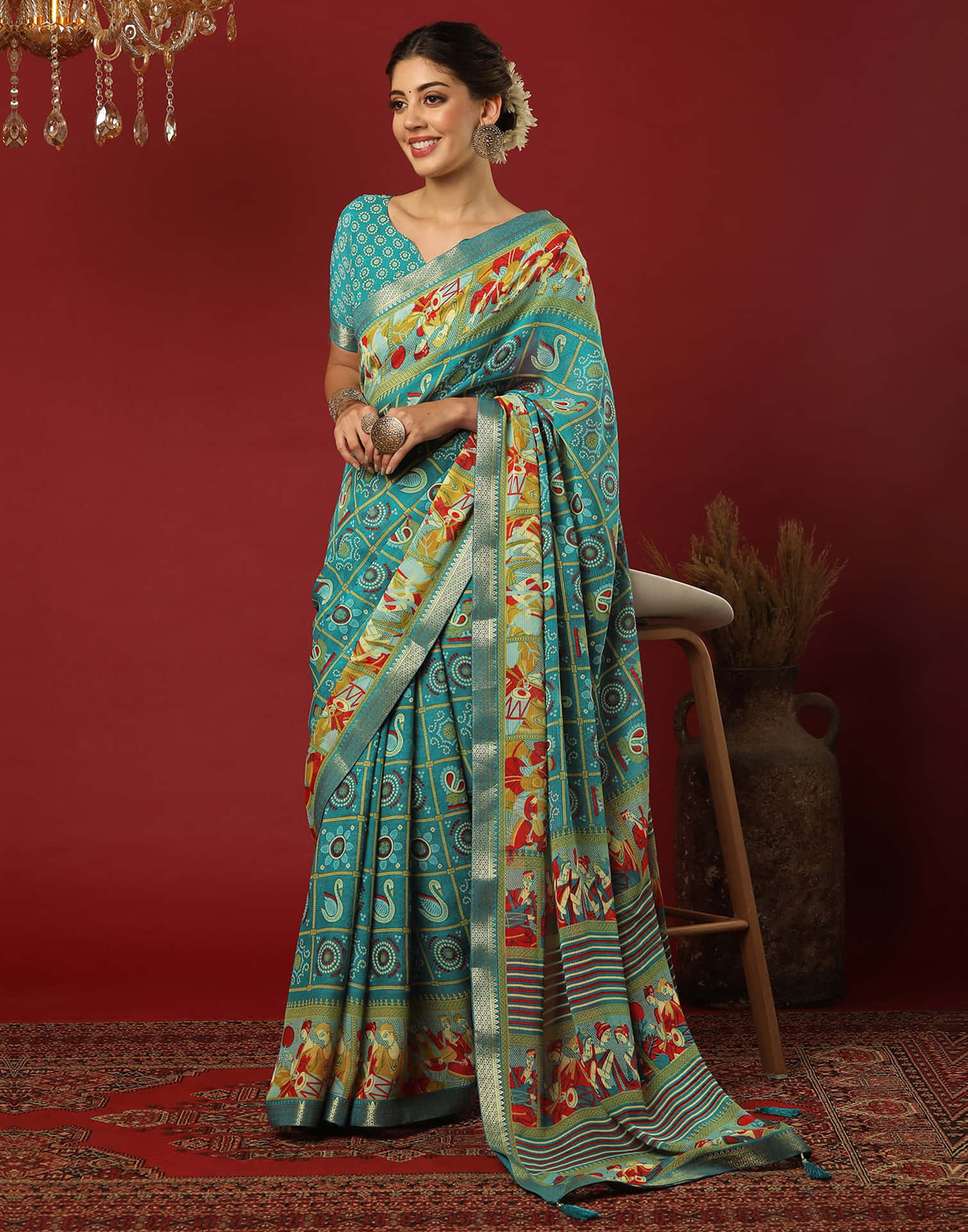 Teal Green Georgette Printed Bandhani Saree - Image 4