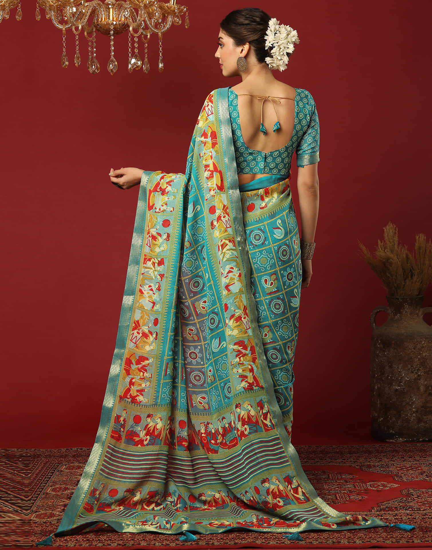 Teal Green Georgette Printed Bandhani Saree - Image 5