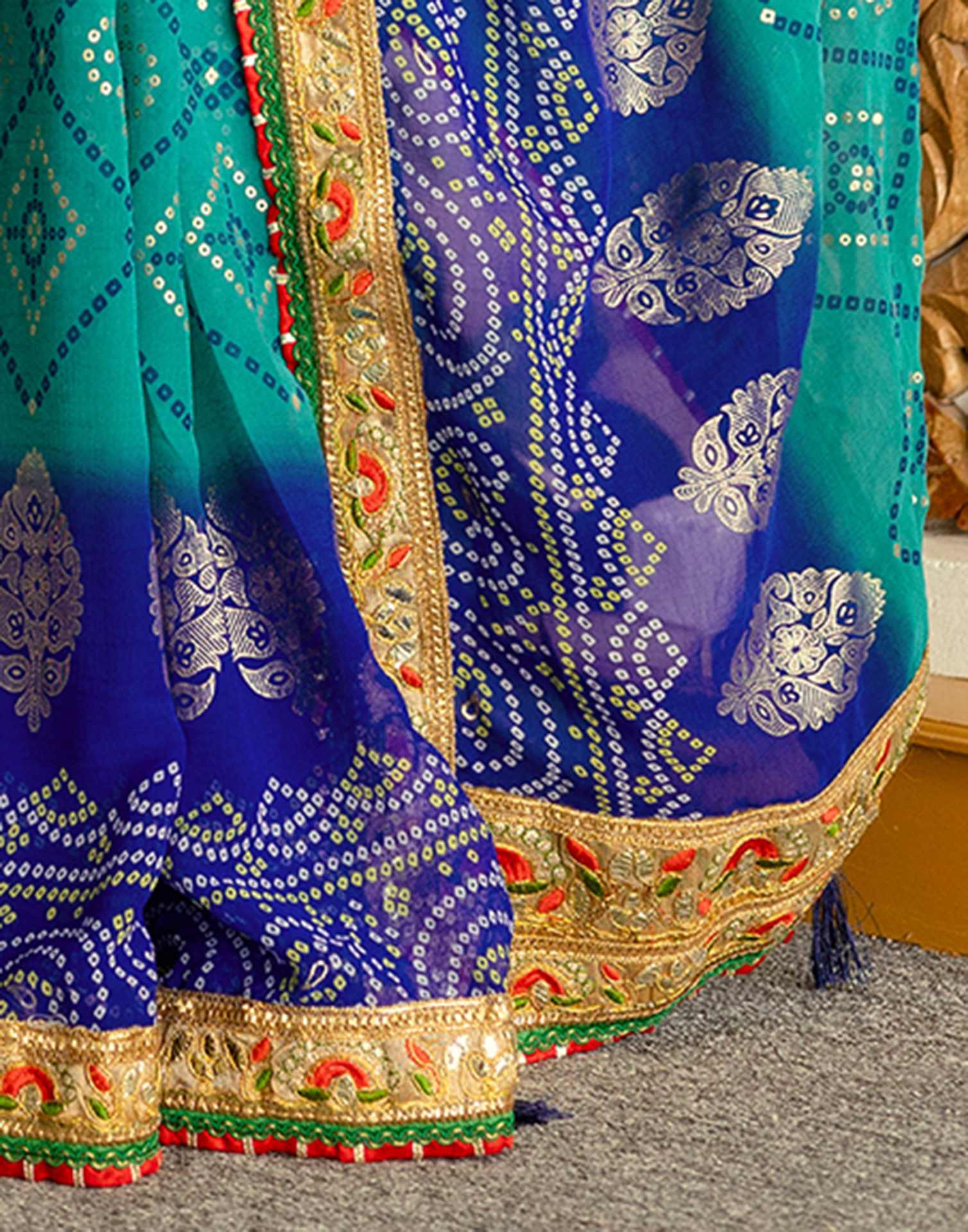 Teal Green Georgette Printed Bandhani Saree - Image 10