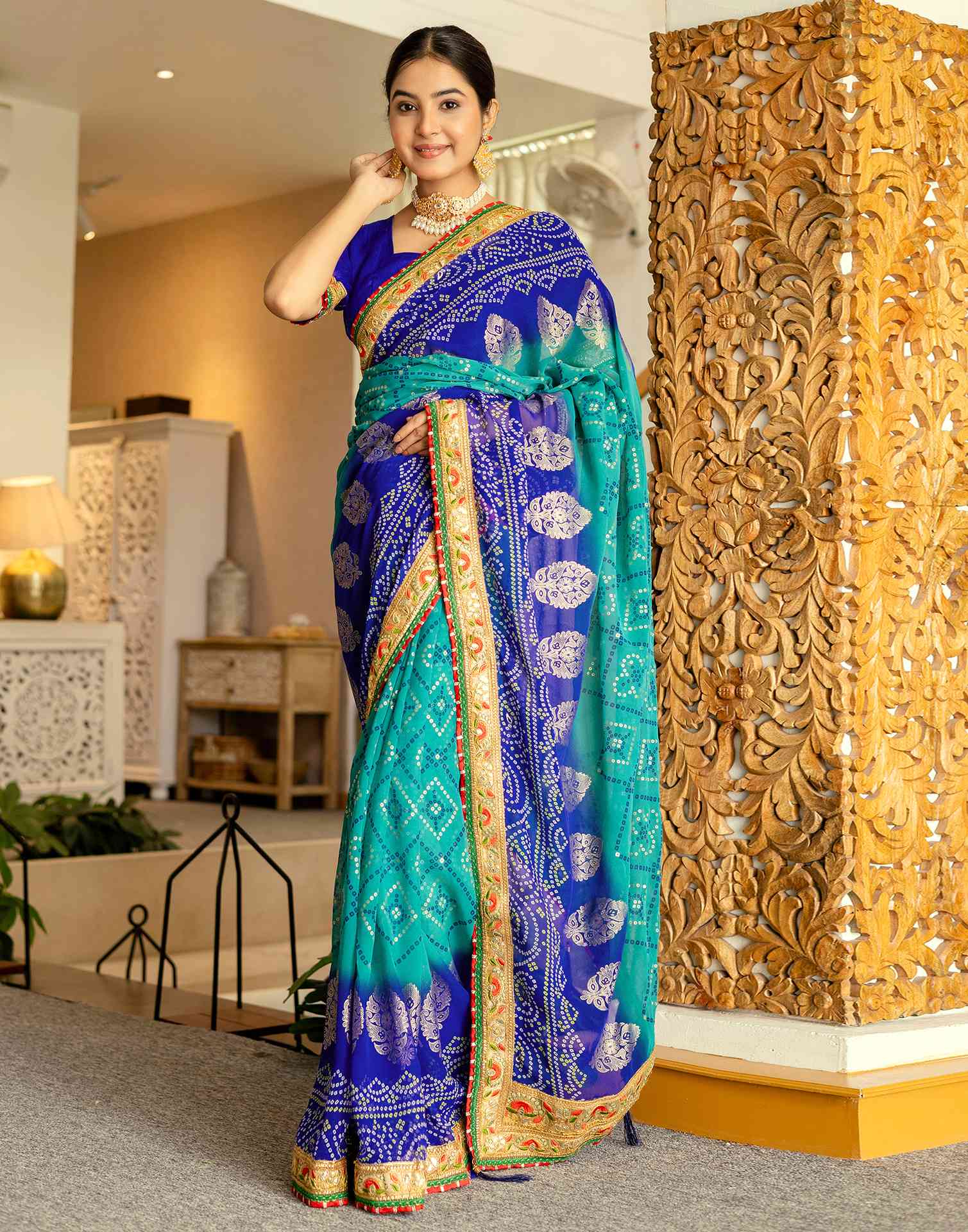 Teal Green Georgette Printed Bandhani Saree - Image 2