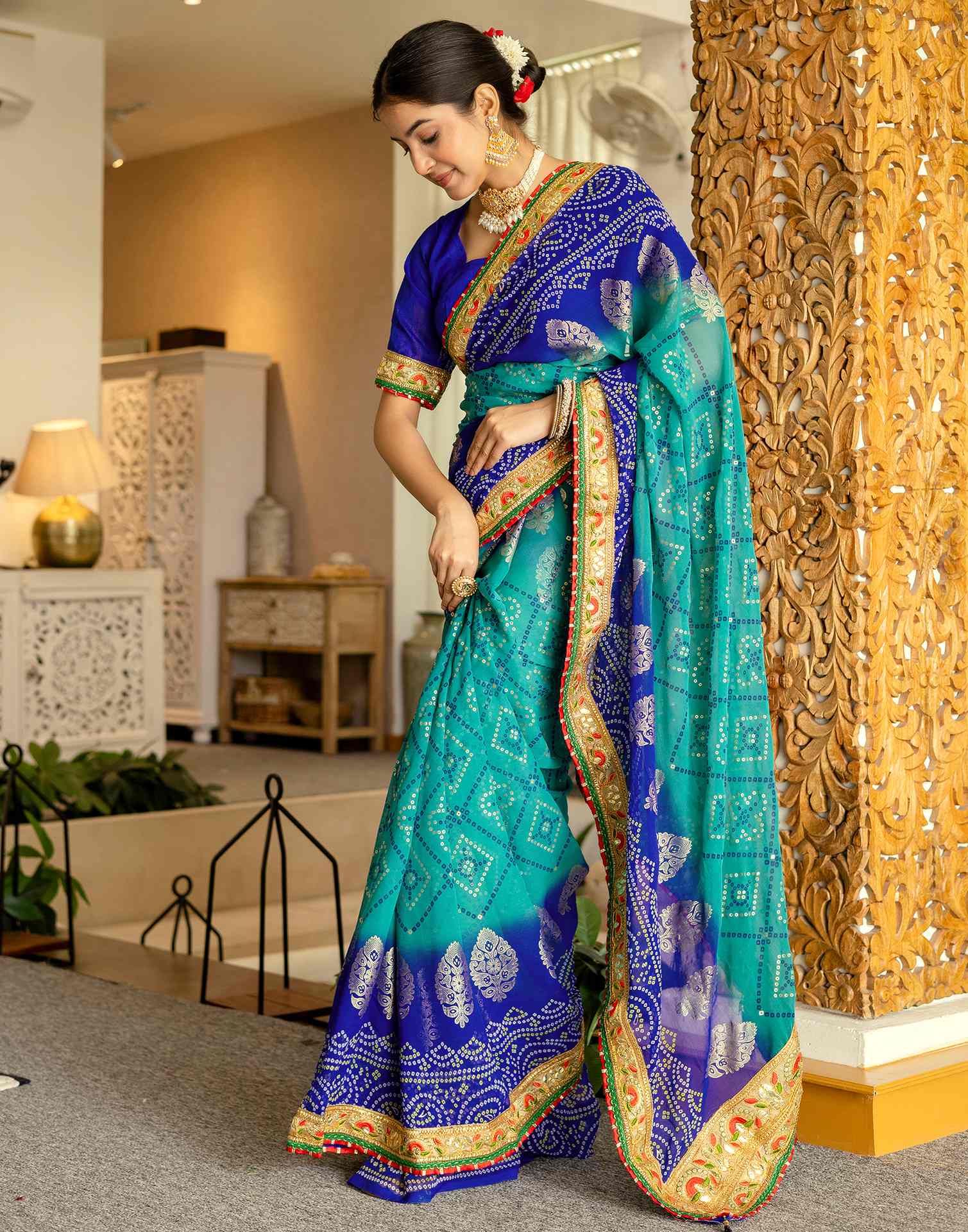 Teal Green Georgette Printed Bandhani Saree - Image 4