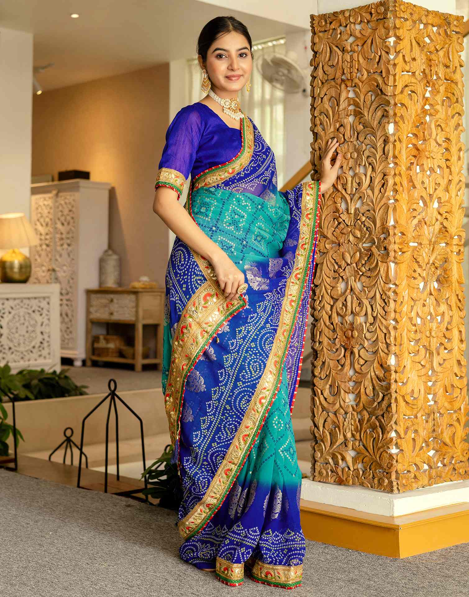 Teal Green Georgette Printed Bandhani Saree - Image 5