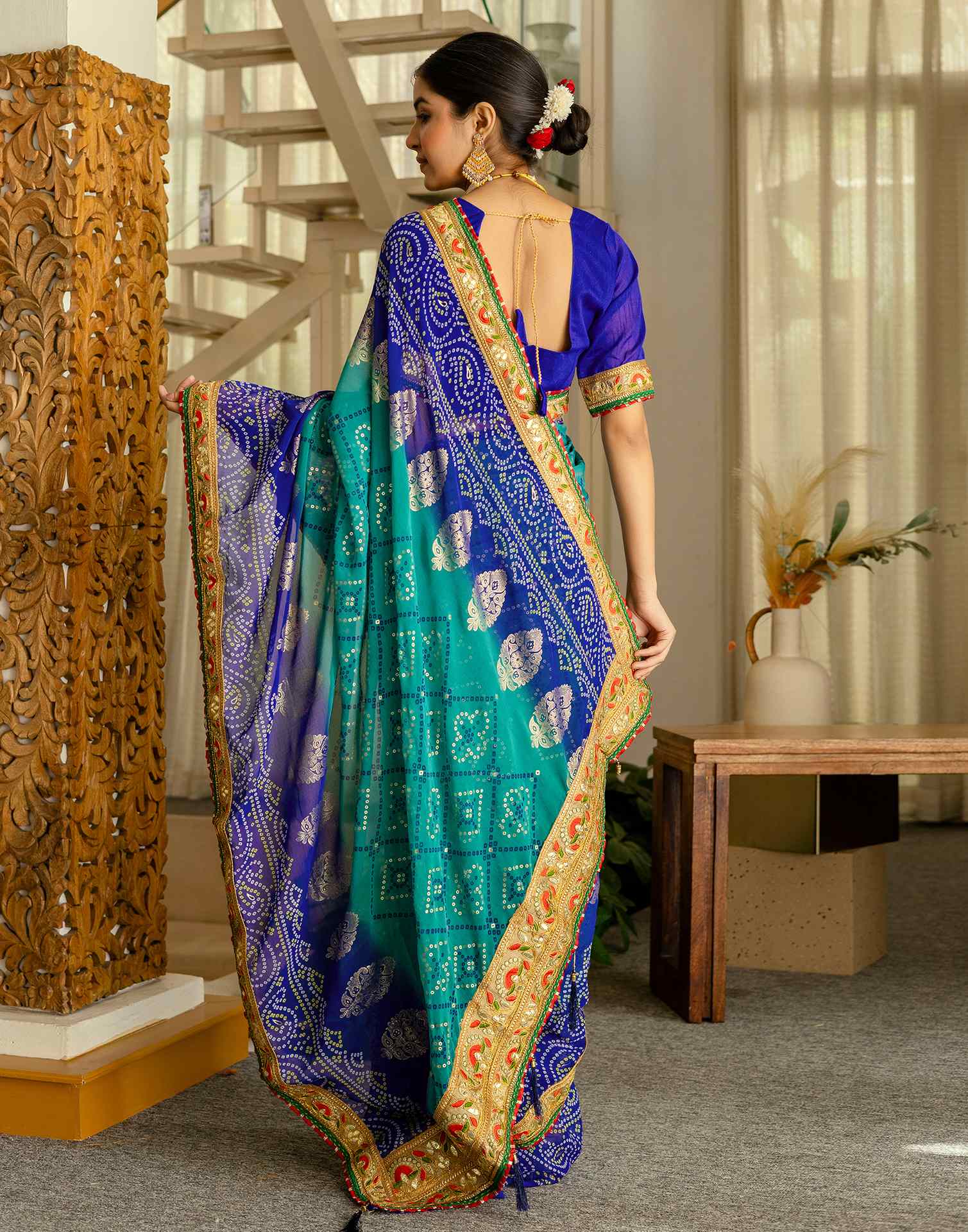 Teal Green Georgette Printed Bandhani Saree - Image 6