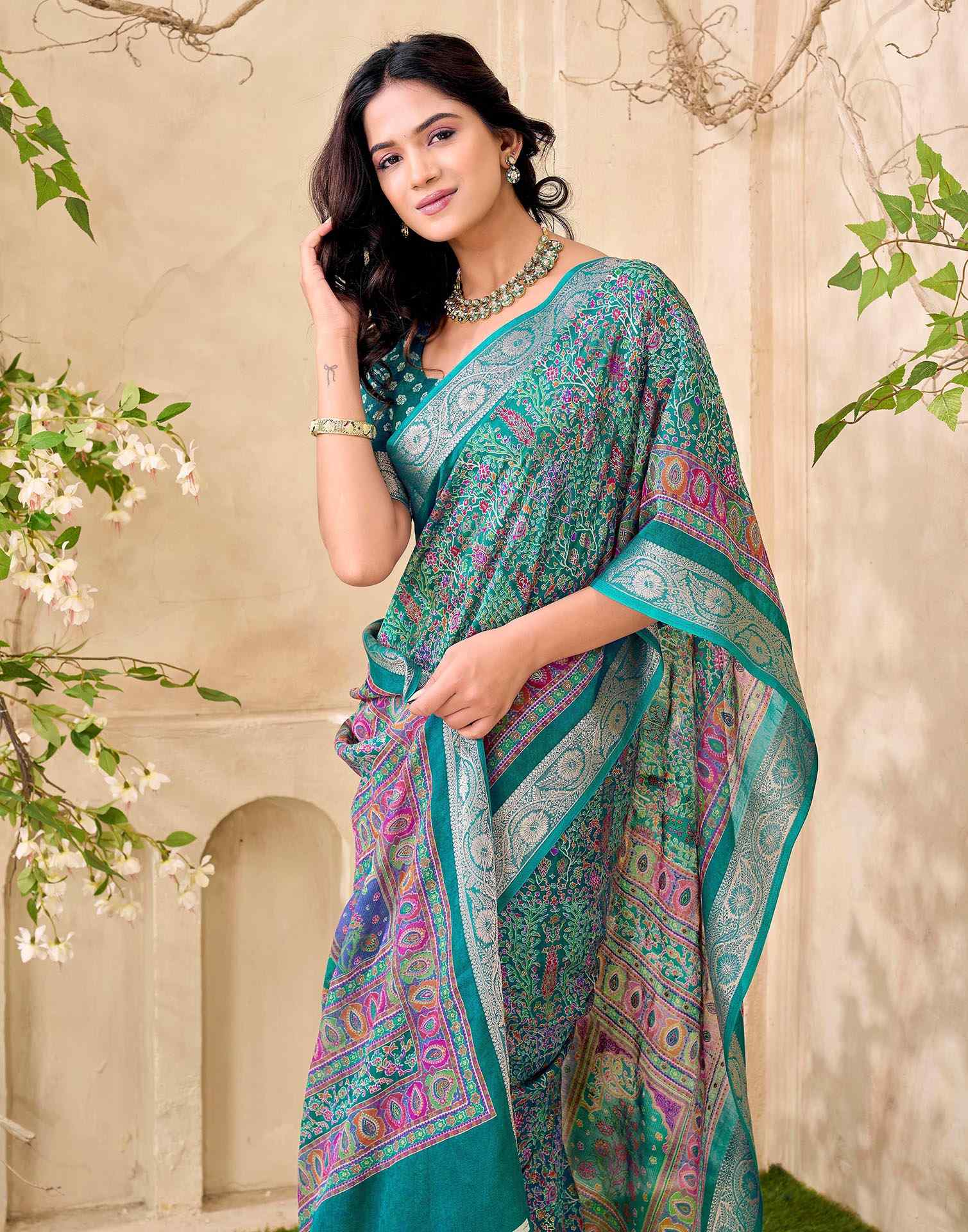 Teal Green Georgette Printed Saree - Image 2