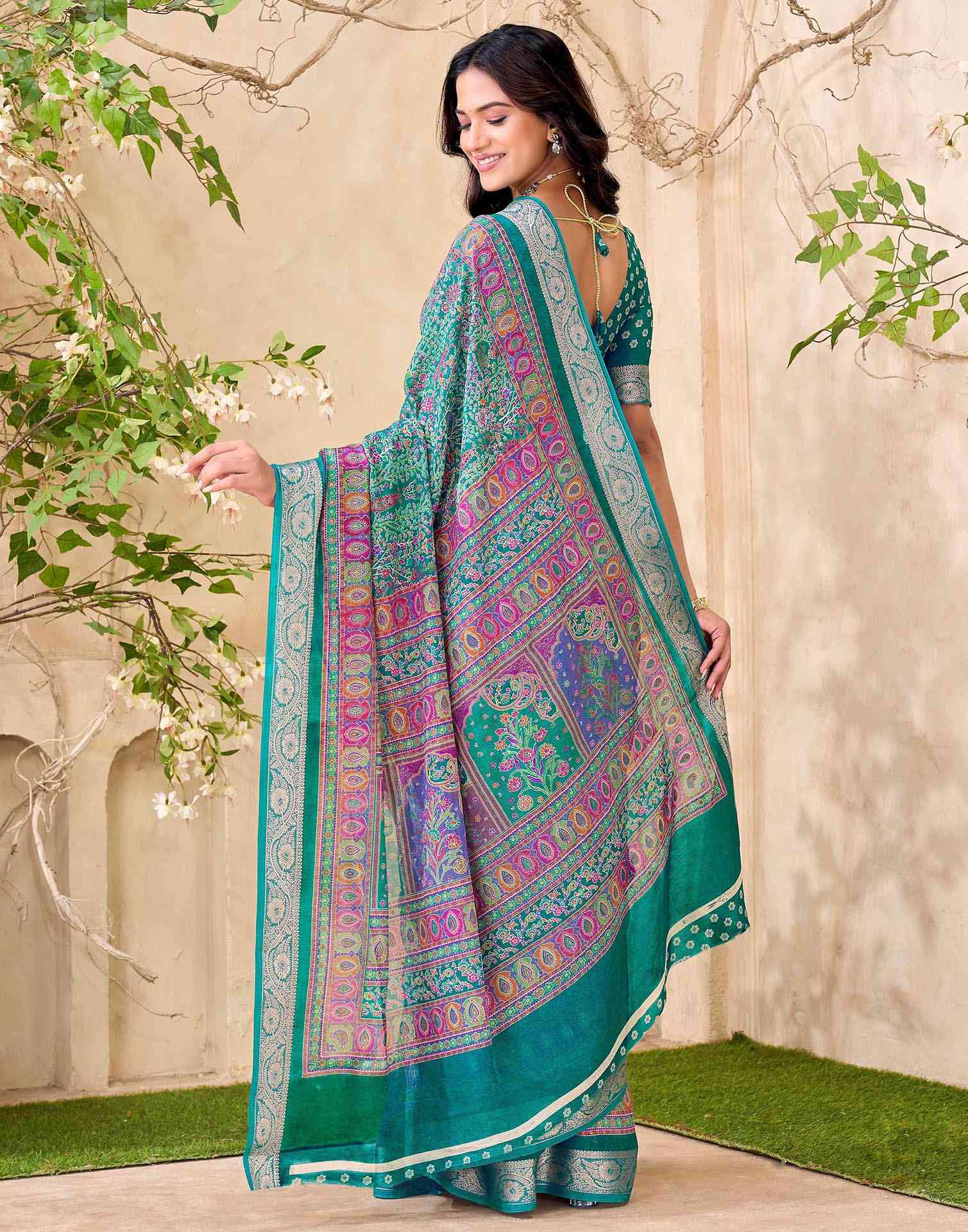Teal Green Georgette Printed Saree - Image 6