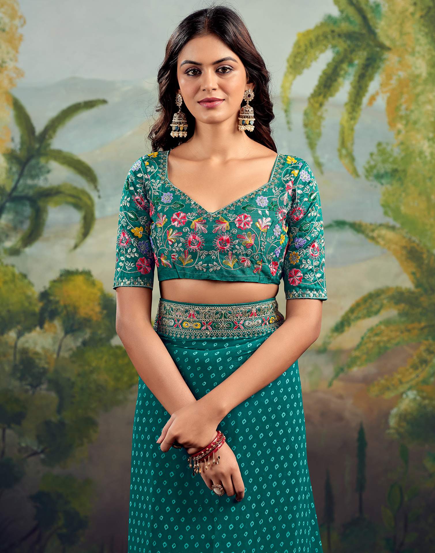 Teal Green Georgette Sequence Bandhani Saree - Image 6