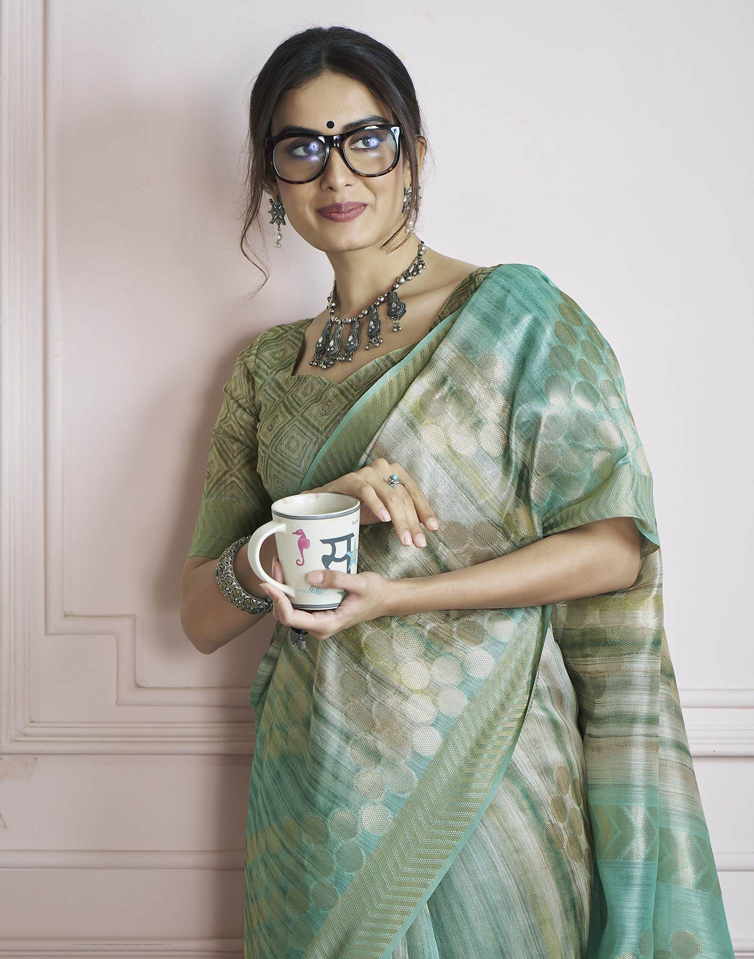 Teal Green Khadi Printed Woven Saree - Image 4