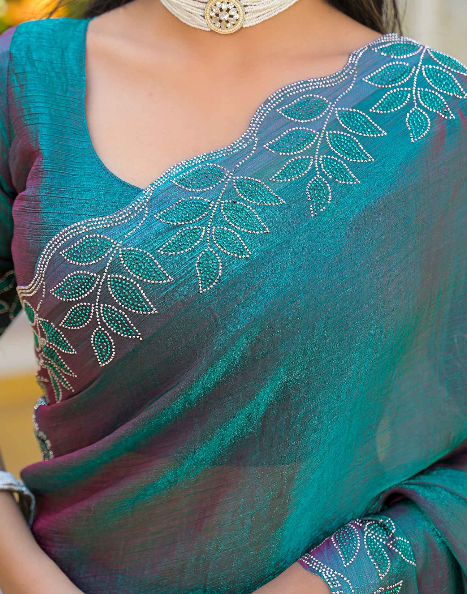 Teal Green Shimmer Chiffon Stone Work Swarovski saree - Image 10