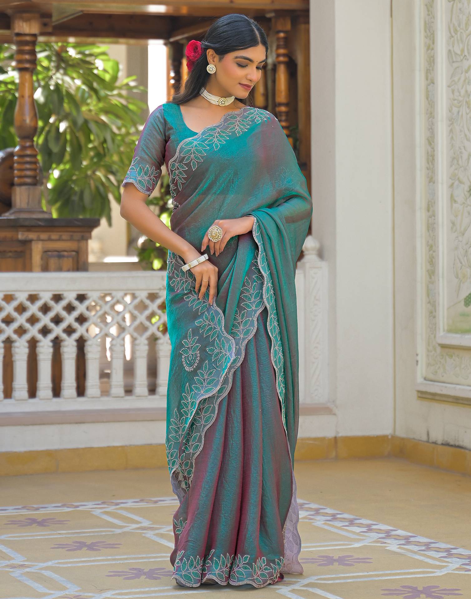Teal Green Shimmer Chiffon Stone Work Swarovski saree - Image 5