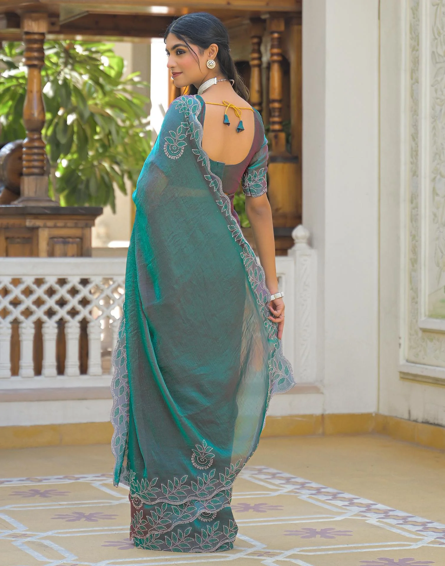 Teal Green Shimmer Chiffon Stone Work Swarovski saree - Image 6