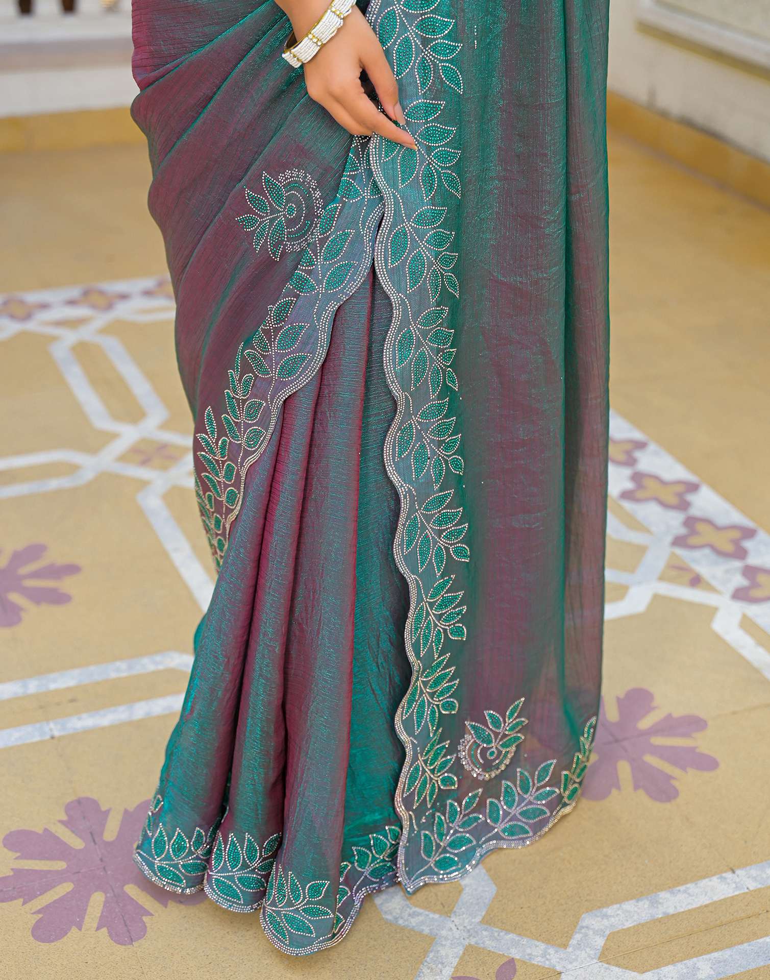 Teal Green Shimmer Chiffon Stone Work Swarovski saree - Image 8