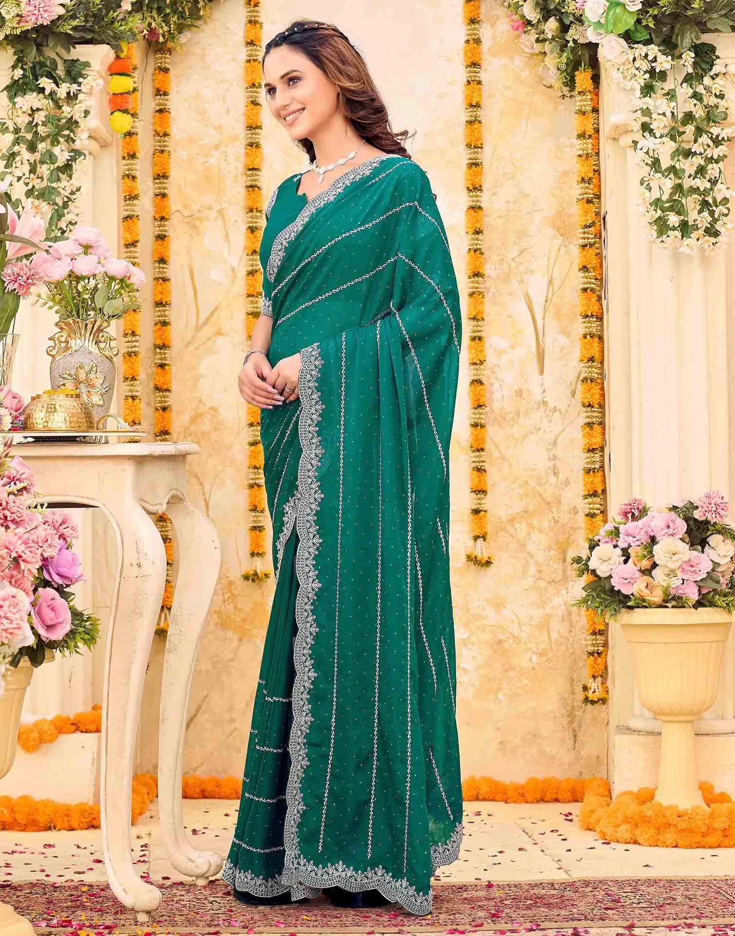 Teal Green Shimmer Georgette Embroidery Embellished Saree - Image 4