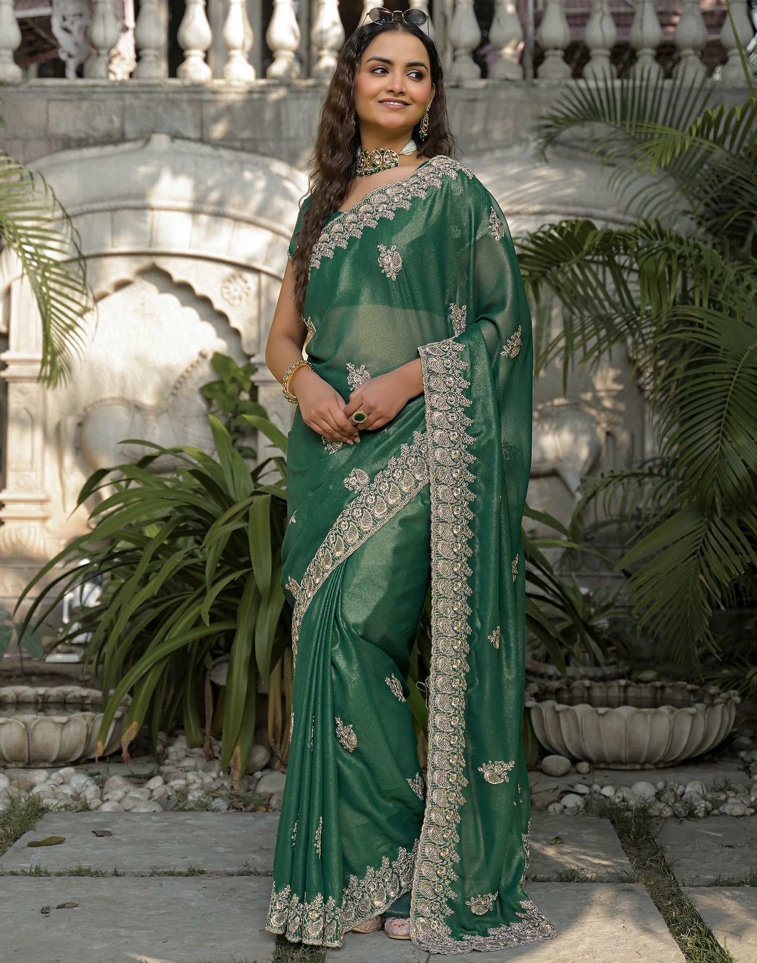 Teal Green Shimmer Georgette Sequence Embroidery saree - Image 7