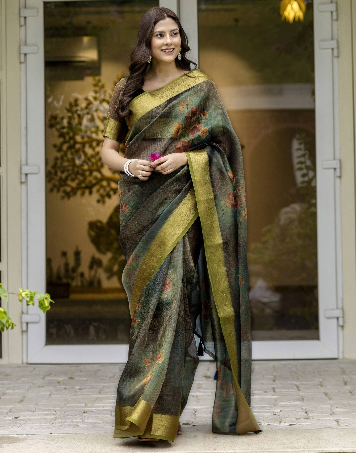 Teal Green Shimmer Organza Printed Saree - Image 2