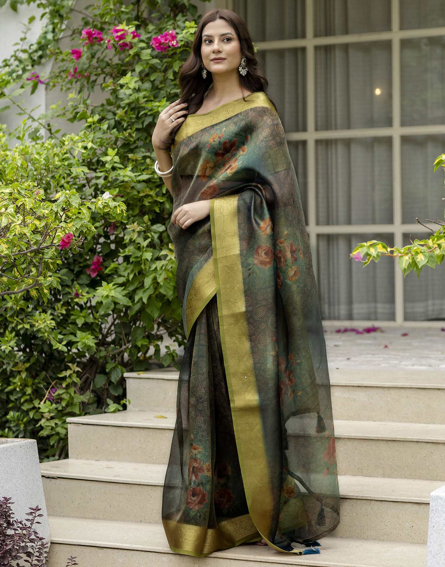 Teal Green Shimmer Organza Printed Saree - Image 5