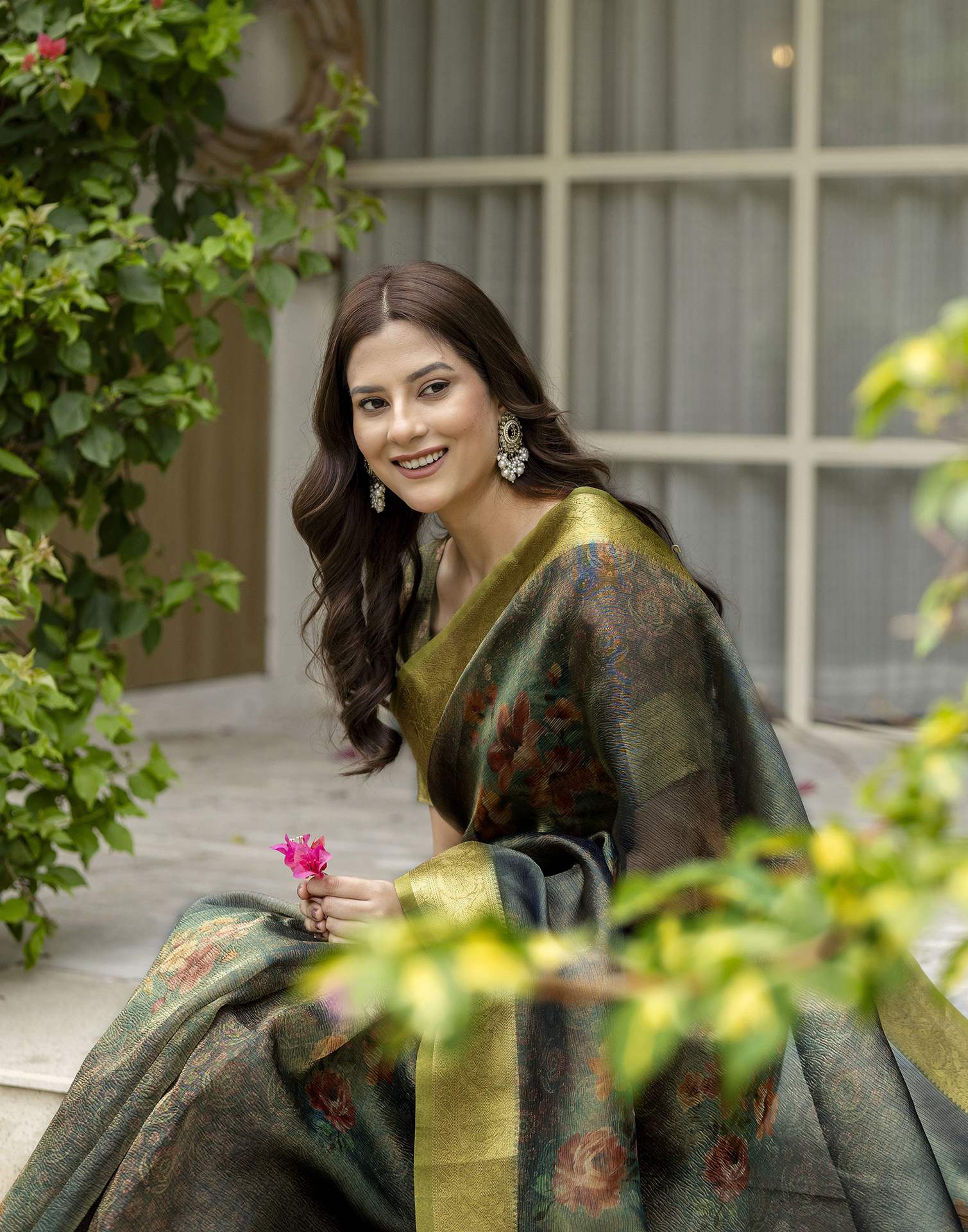 Teal Green Shimmer Organza Printed Saree - Image 6