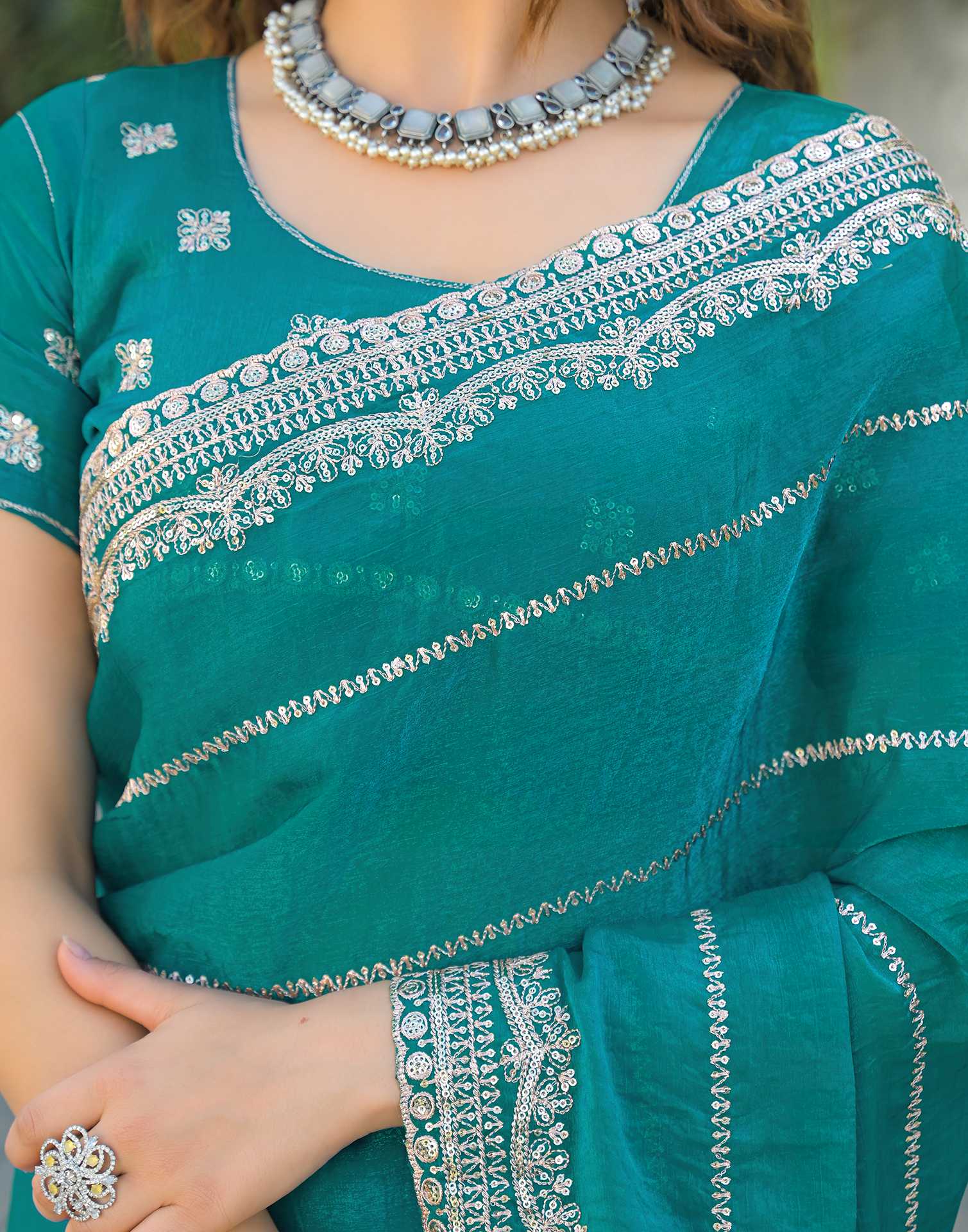 Teal Green Shimmer Sequence Embroidery Saree - Image 10