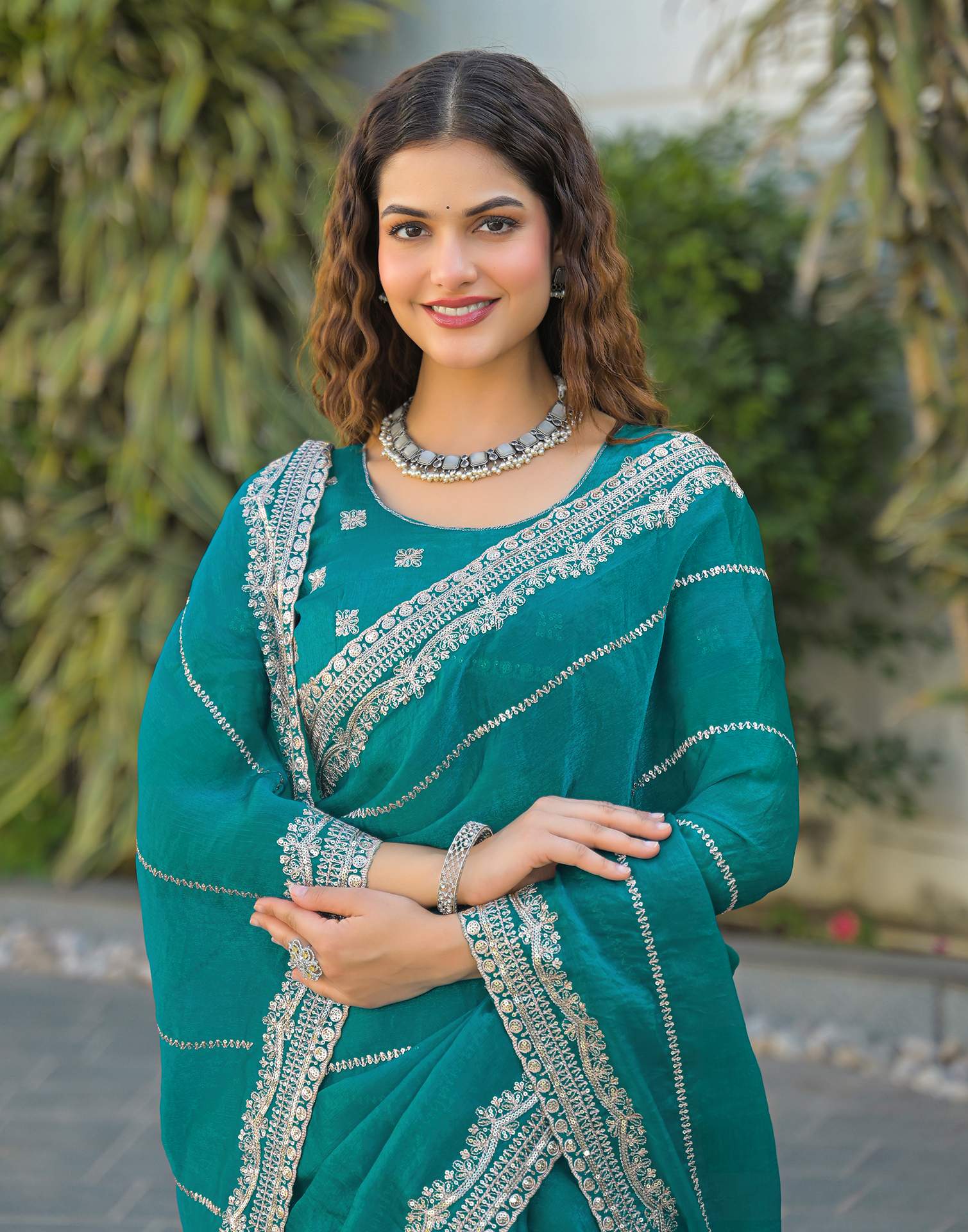 Teal Green Shimmer Sequence Embroidery Saree - Image 5