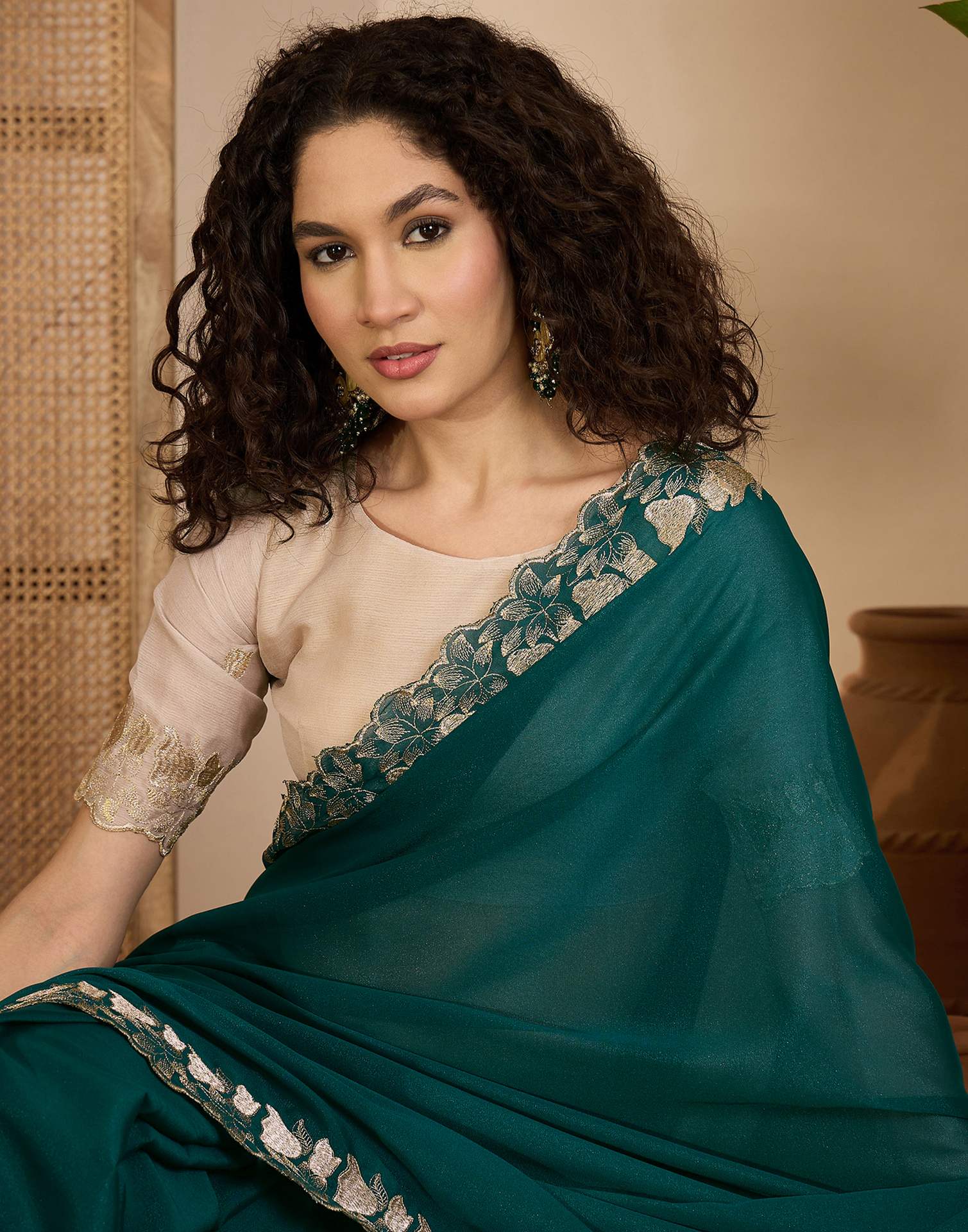 Teal Green Shimmer Sequence Embroidery Saree - Image 2