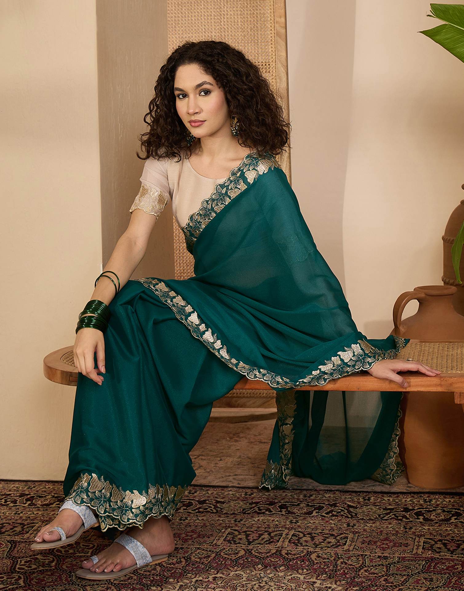 Teal Green Shimmer Sequence Embroidery Saree - Image 7