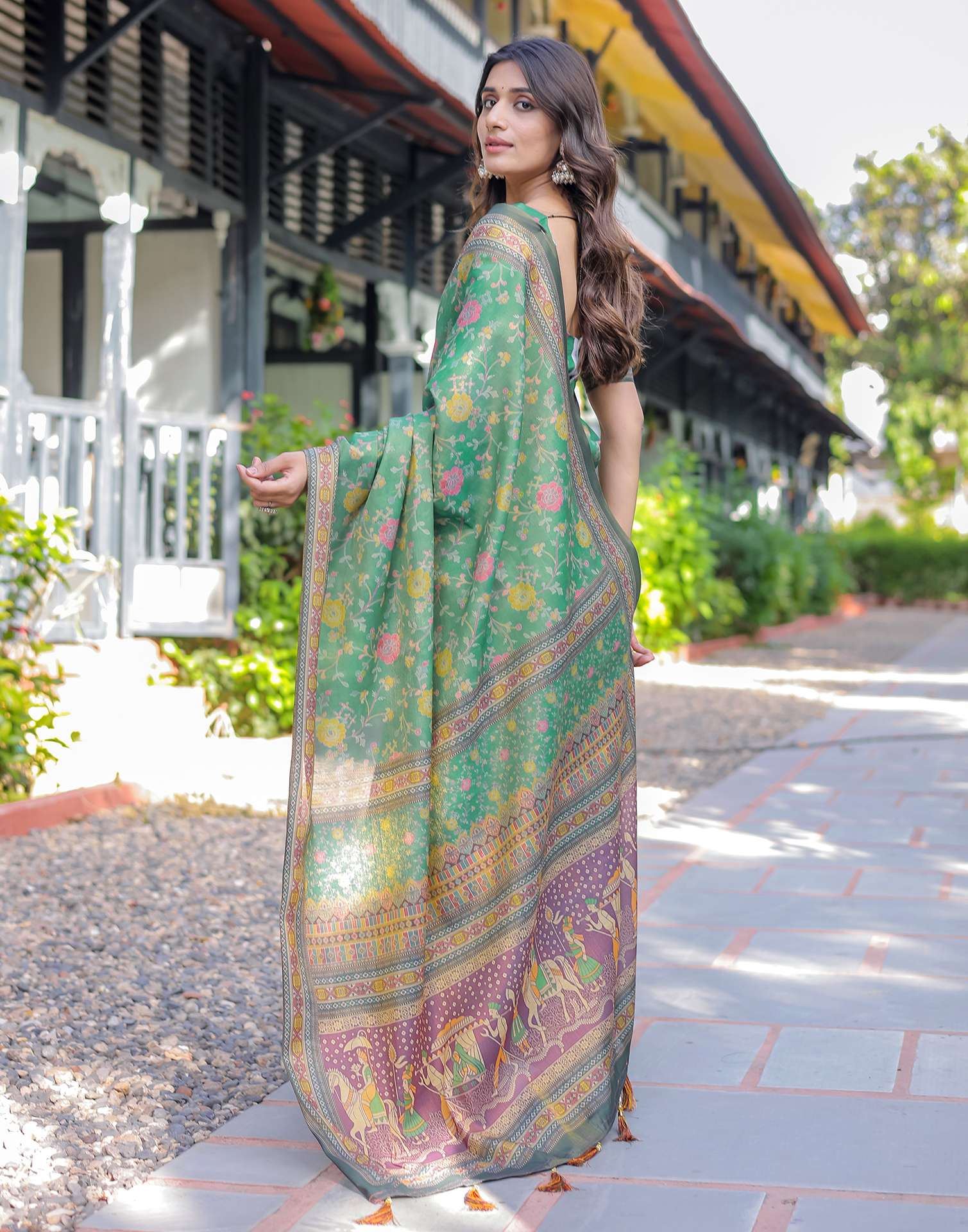 Teal Green Shimmer Silk Printed Saree - Image 10