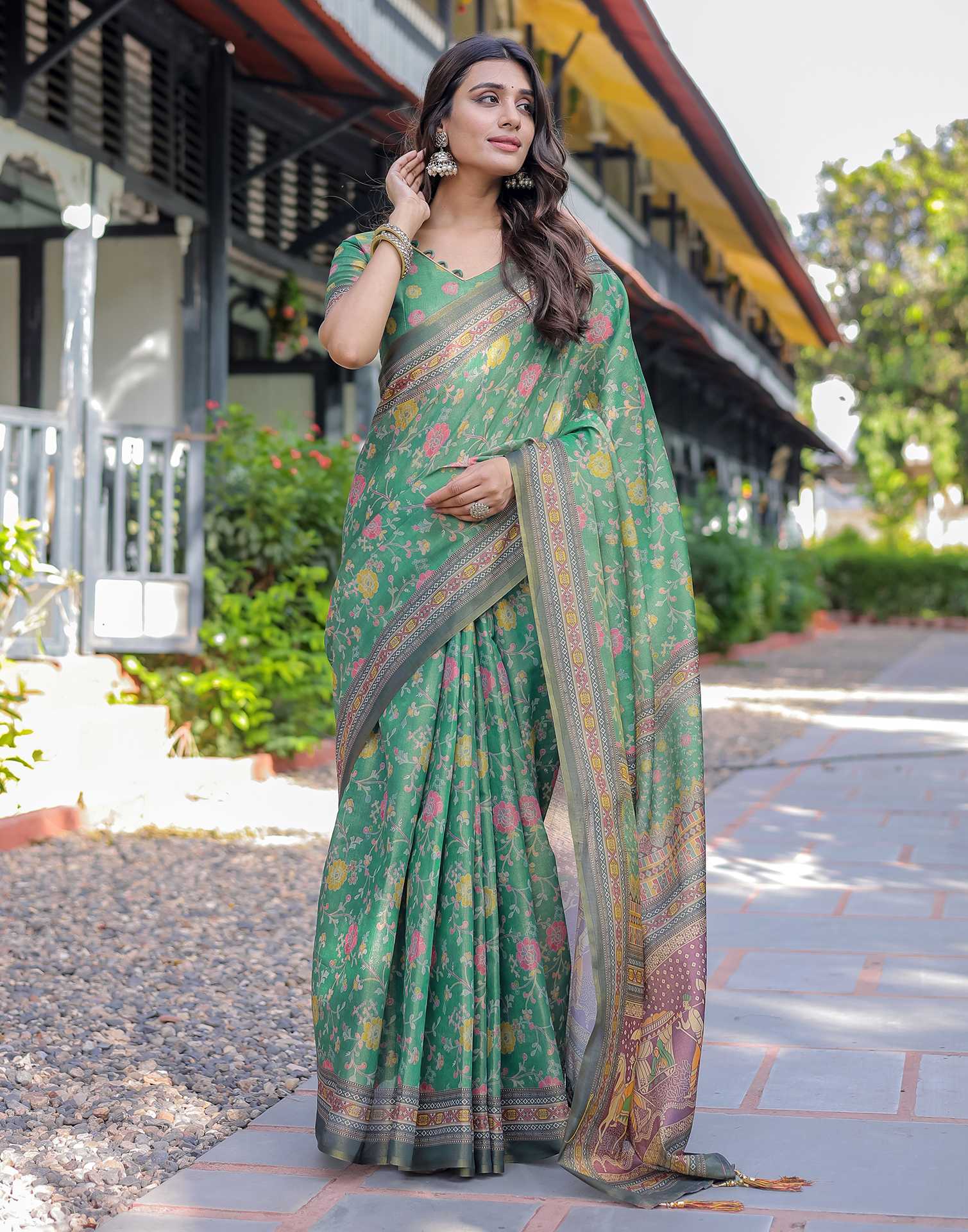 Teal Green Shimmer Silk Printed Saree - Image 11