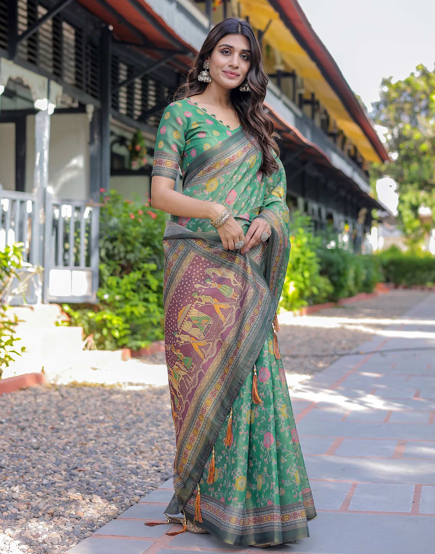 Teal Green Shimmer Silk Printed Saree - Image 12
