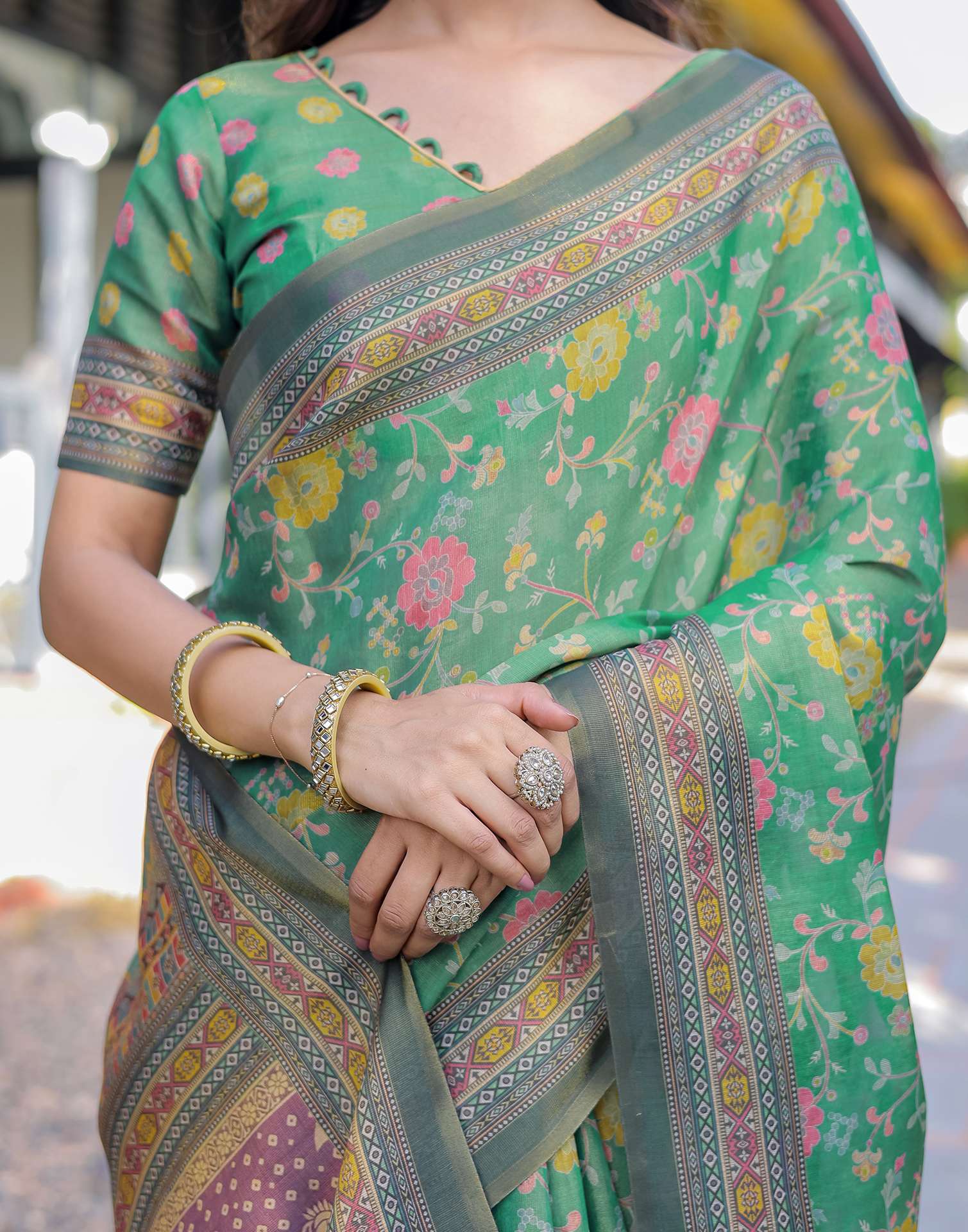 Teal Green Shimmer Silk Printed Saree - Image 14