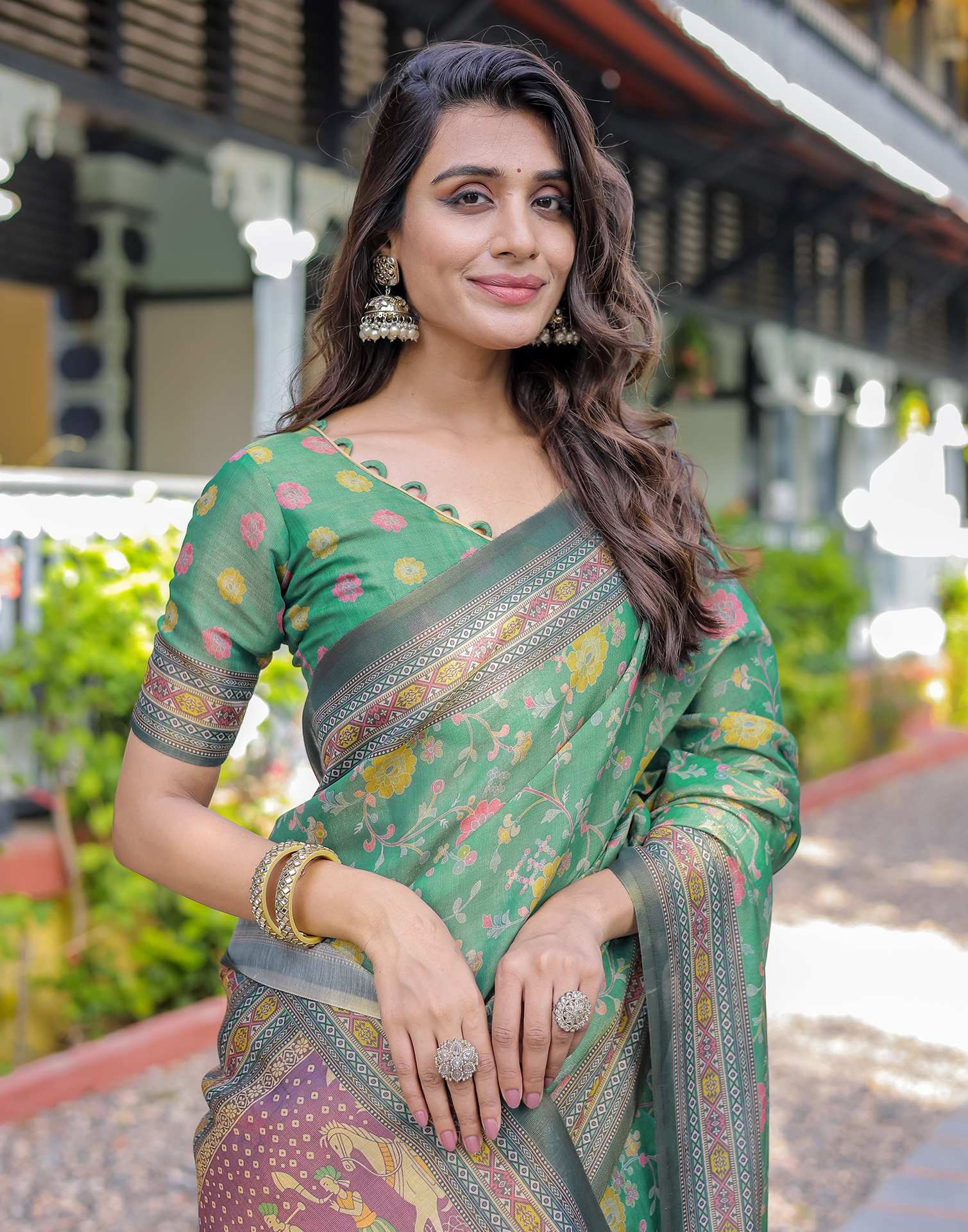 Teal Green Shimmer Silk Printed Saree - Image 6