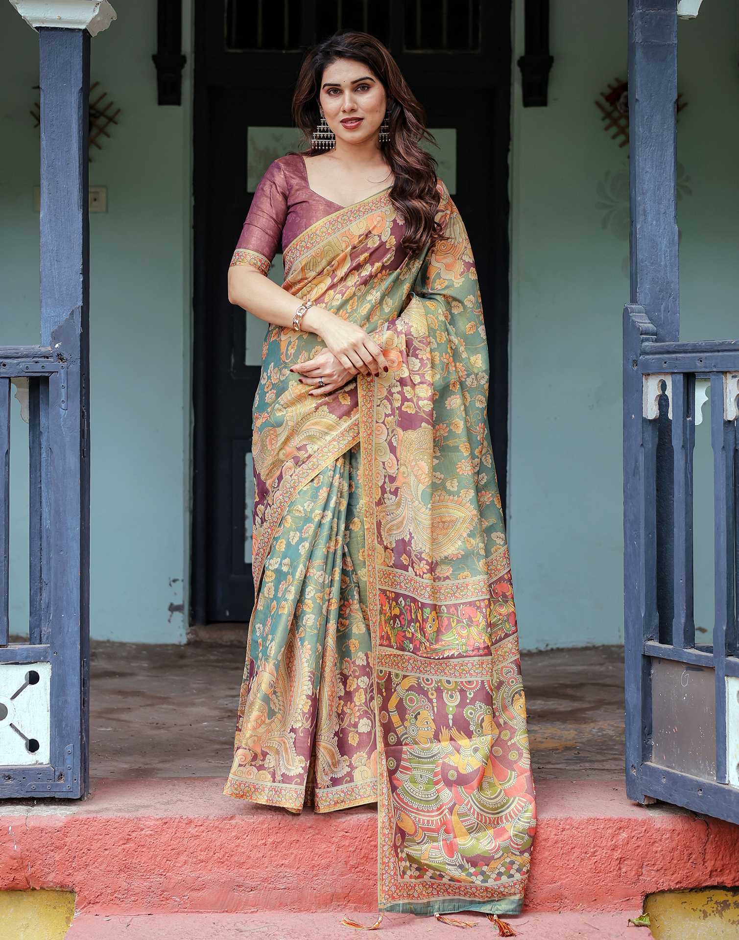 Teal Green Shimmer Silk Printed Saree - Image 10