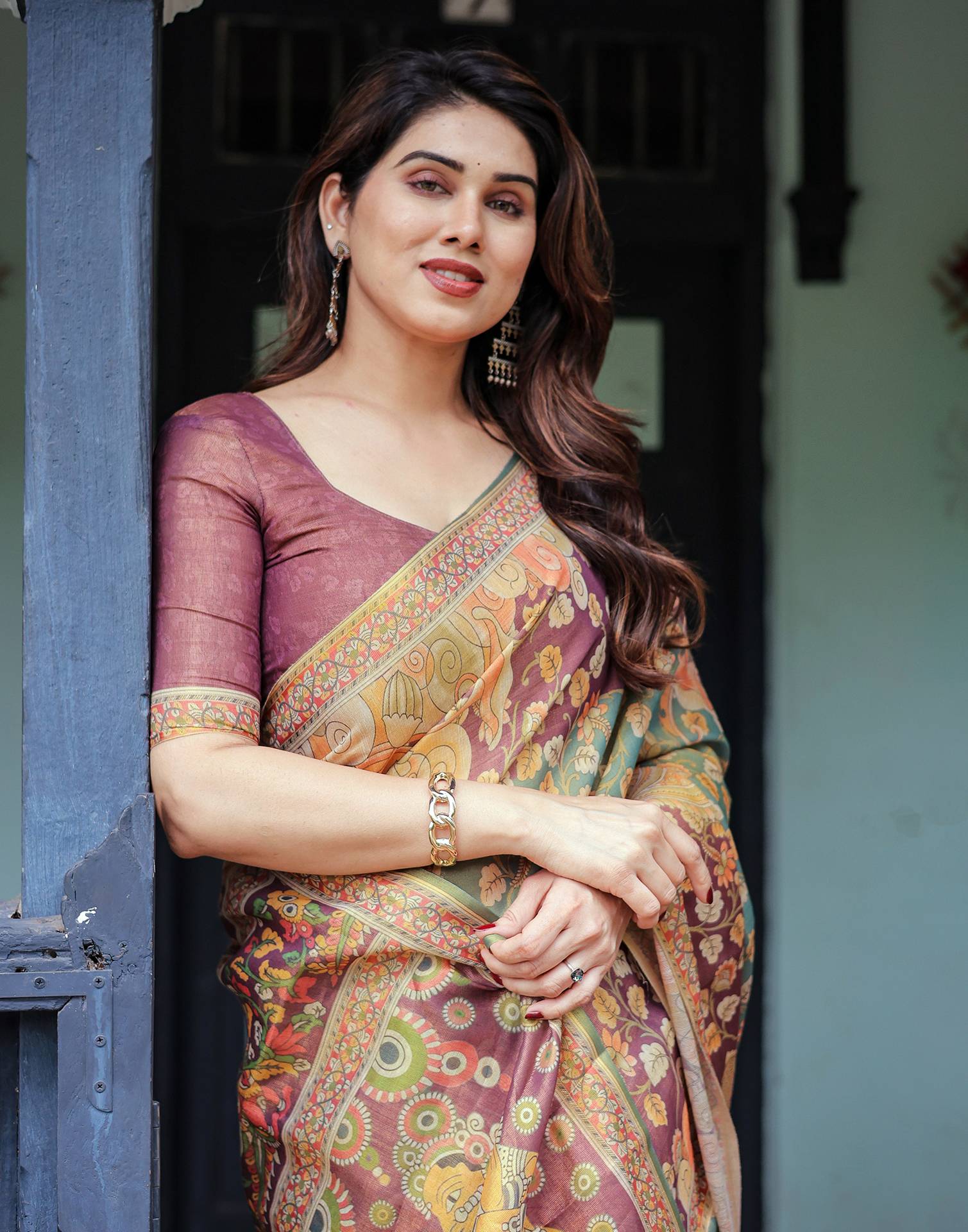 Teal Green Shimmer Silk Printed Saree - Image 2