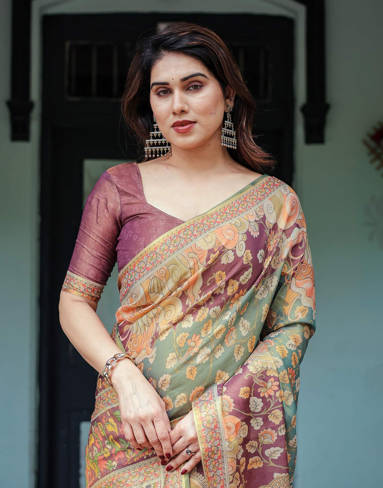 Teal Green Shimmer Silk Printed Saree - Image 4
