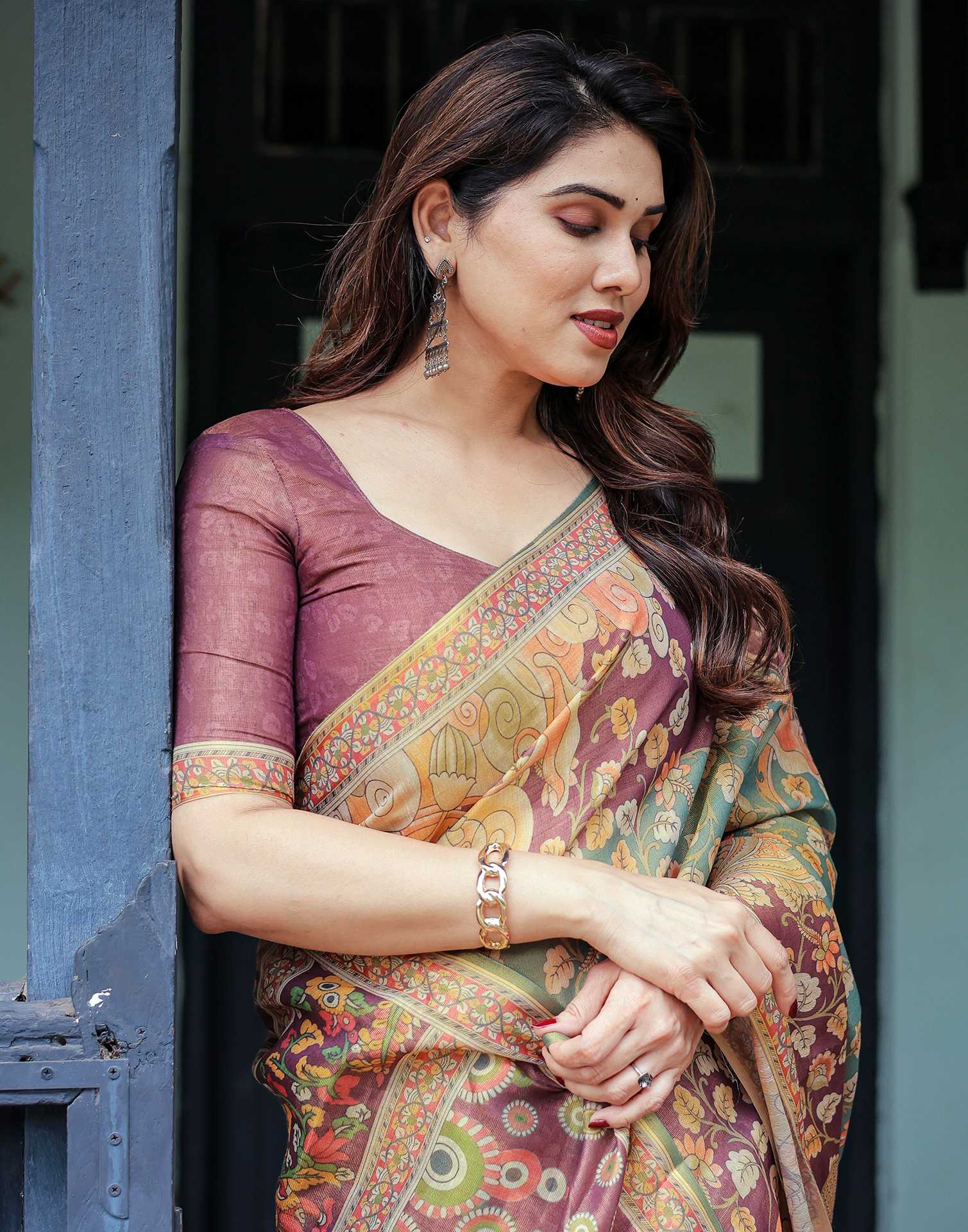 Teal Green Shimmer Silk Printed Saree - Image 5