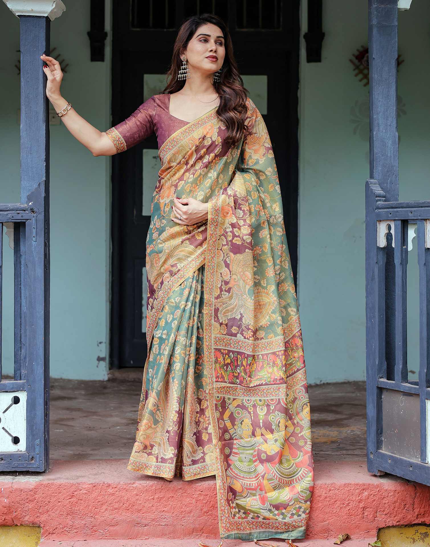 Teal Green Shimmer Silk Printed Saree - Image 7