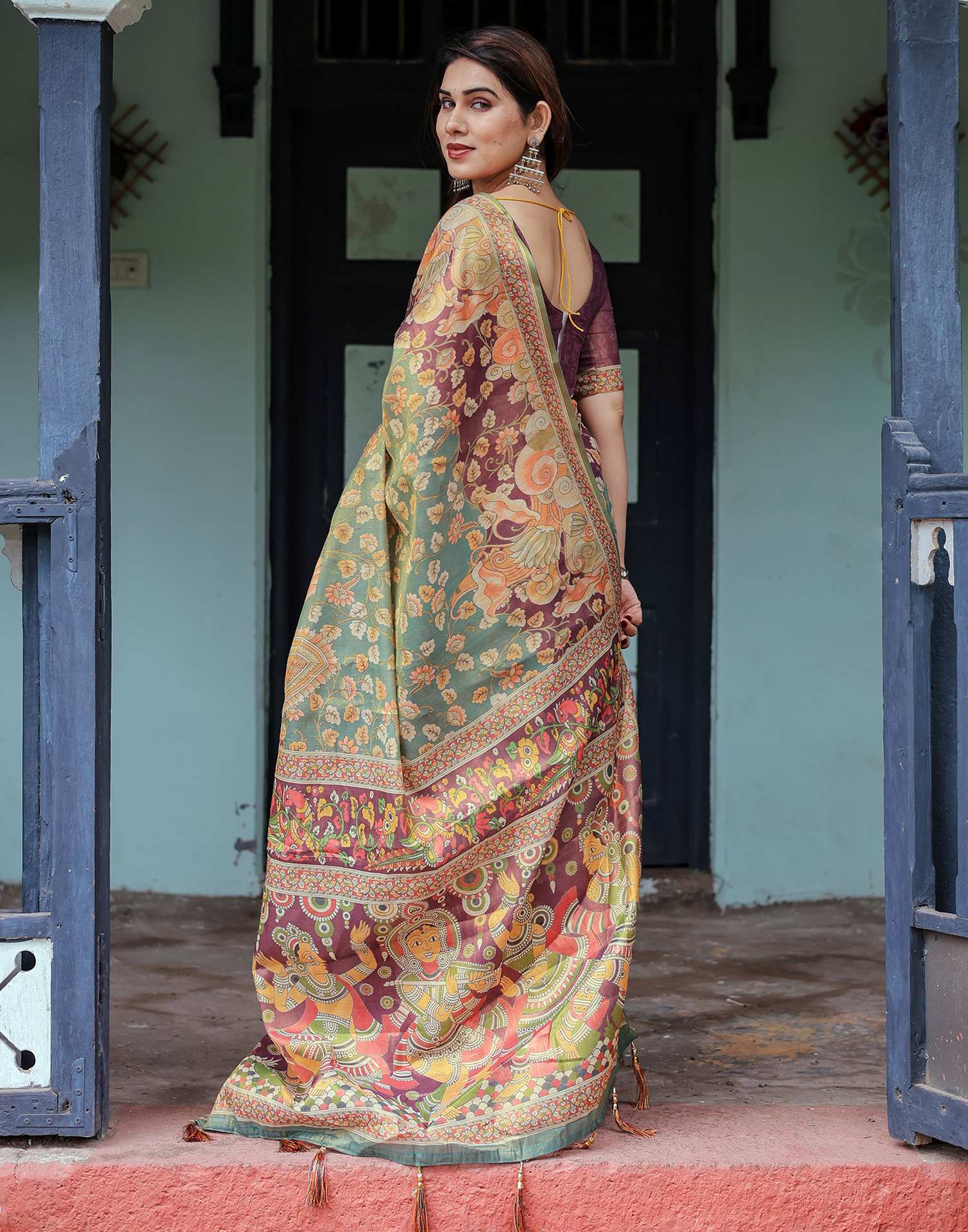 Teal Green Shimmer Silk Printed Saree - Image 9