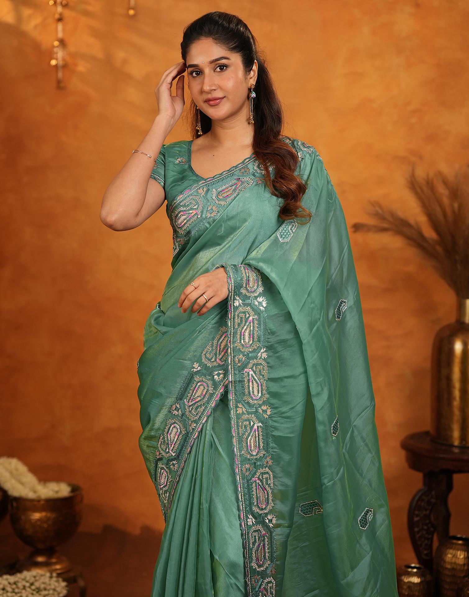 Teal Green Shimmer Silk Stone Work Embroidery Saree - Image 10