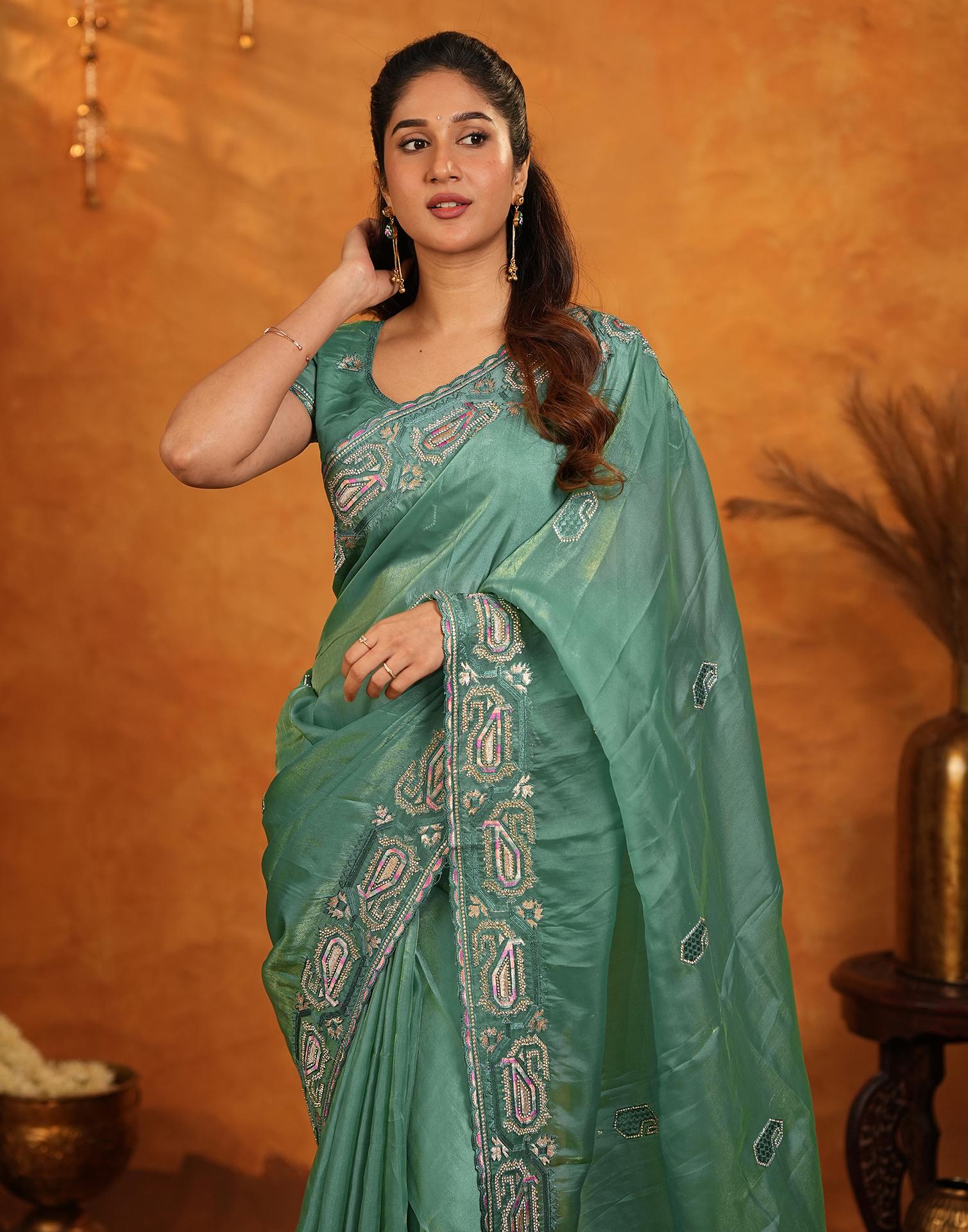 Teal Green Shimmer Silk Stone Work Embroidery Saree - Image 11