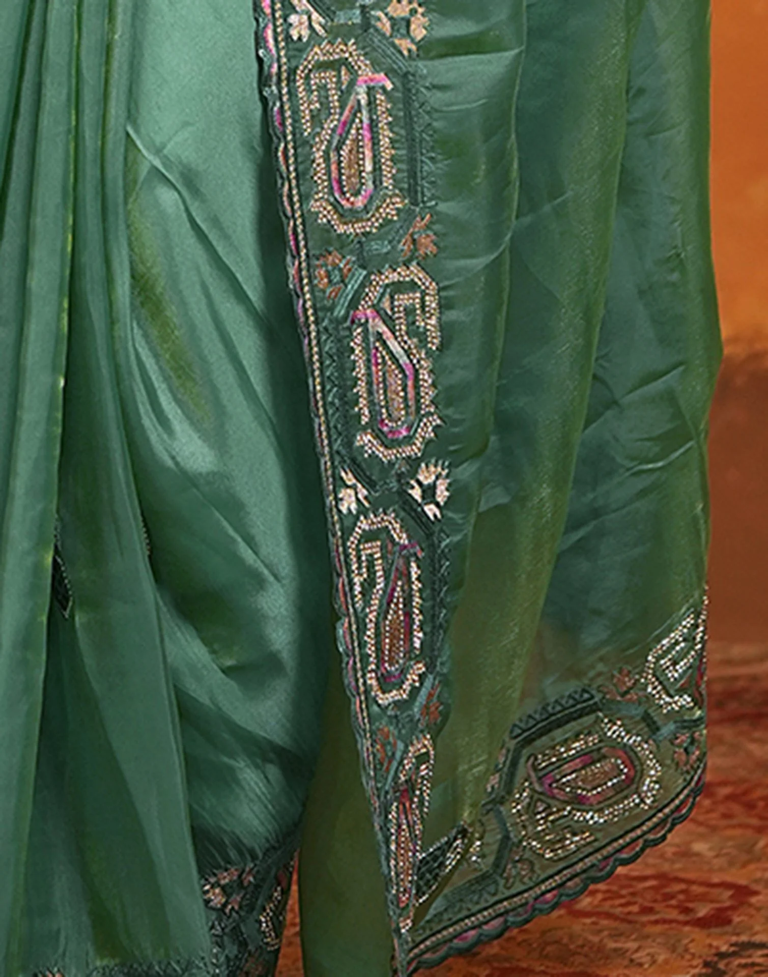 Teal Green Shimmer Silk Stone Work Embroidery Saree - Image 13