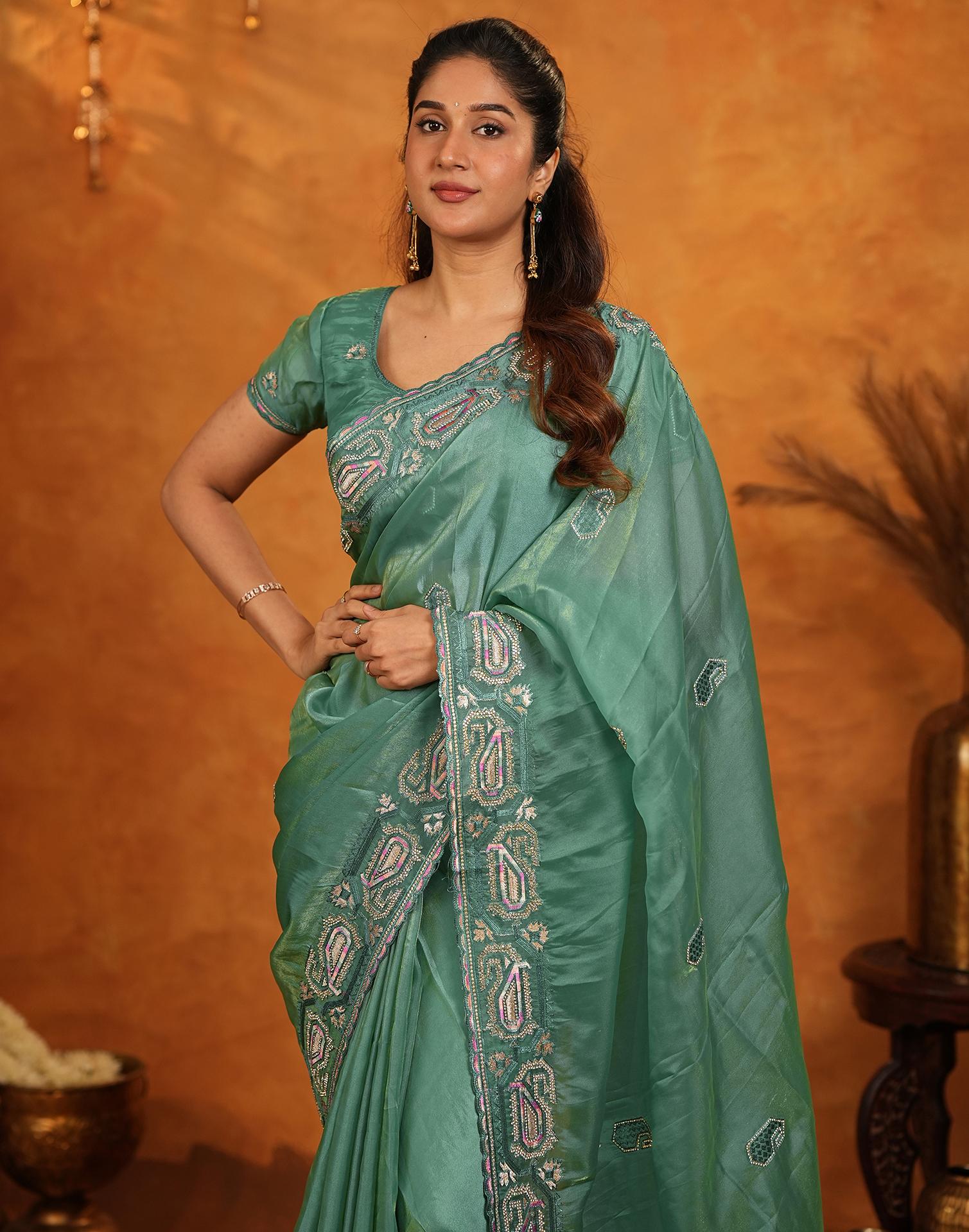Teal Green Shimmer Silk Stone Work Embroidery Saree - Image 2