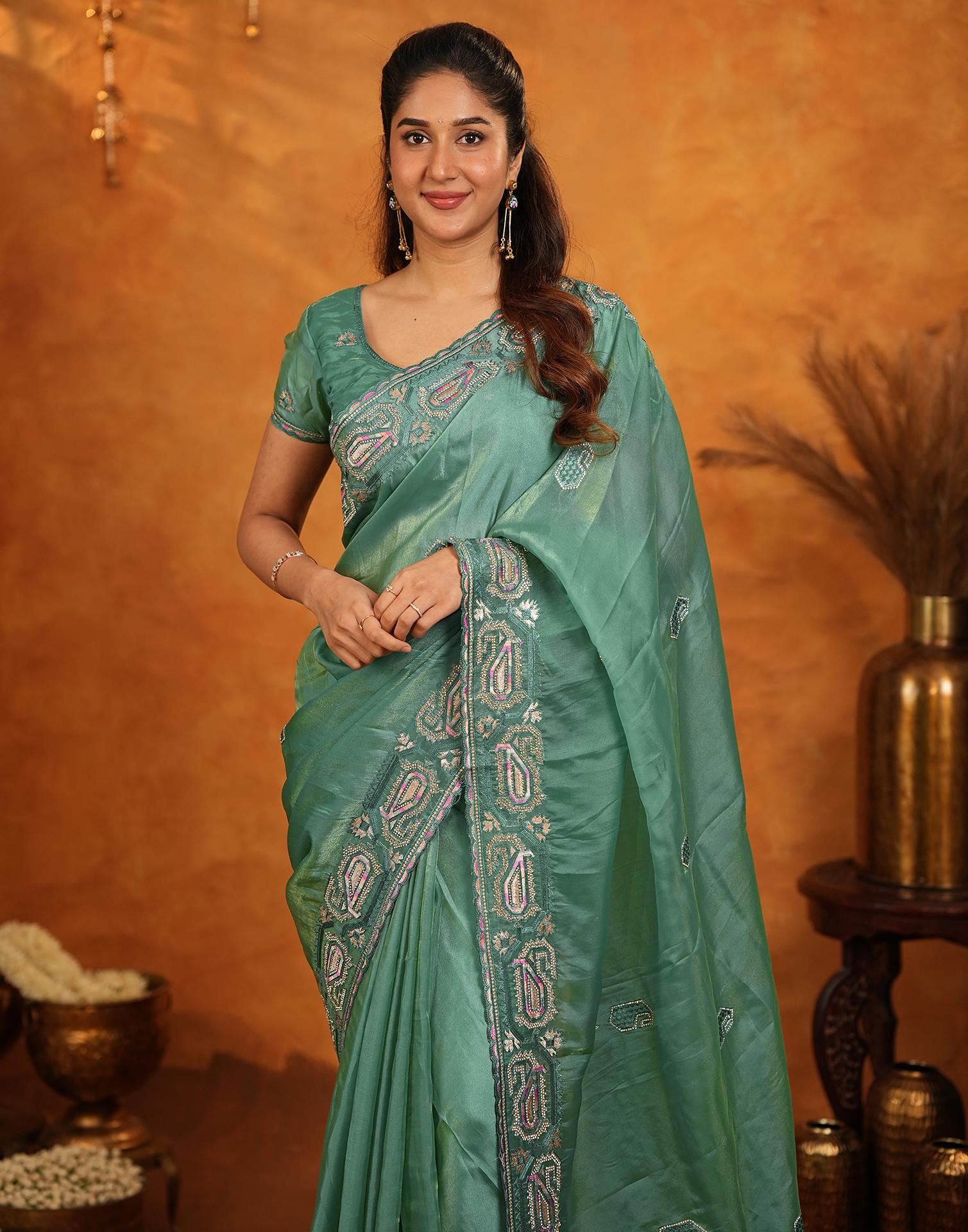 Teal Green Shimmer Silk Stone Work Embroidery Saree - Image 4