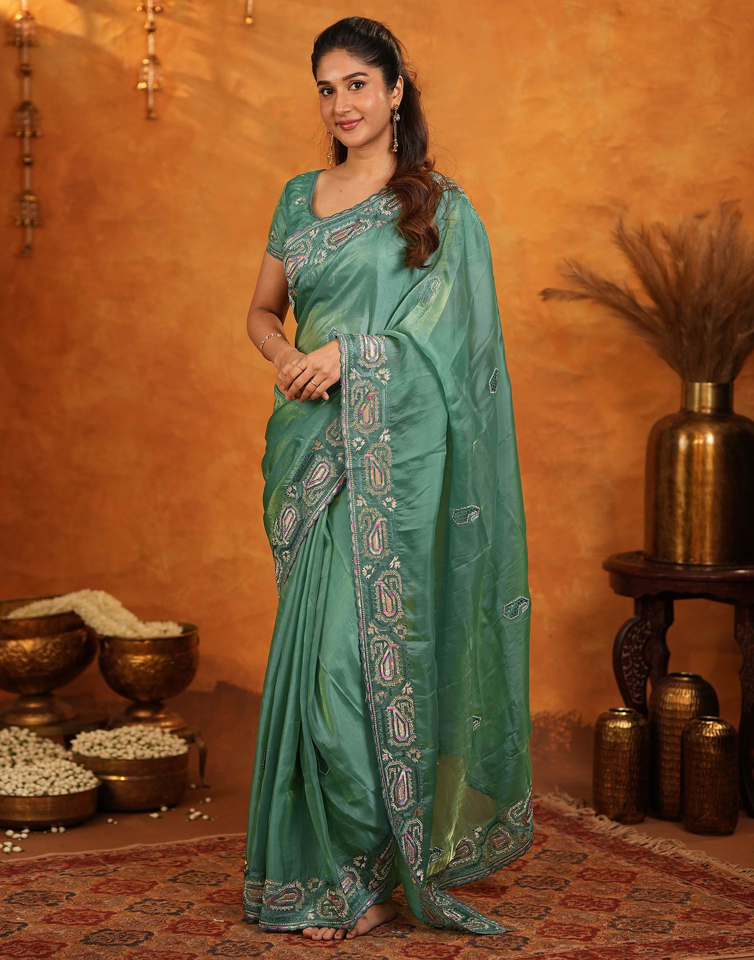 Teal Green Shimmer Silk Stone Work Embroidery Saree - Image 5