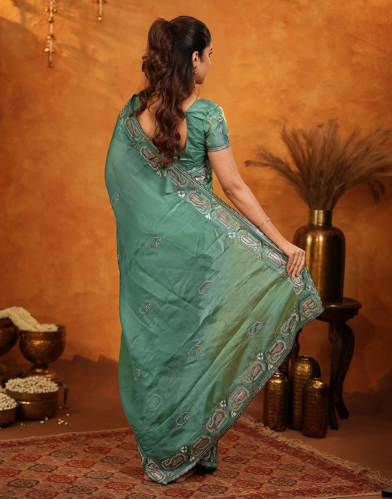 Teal Green Shimmer Silk Stone Work Embroidery Saree - Image 7