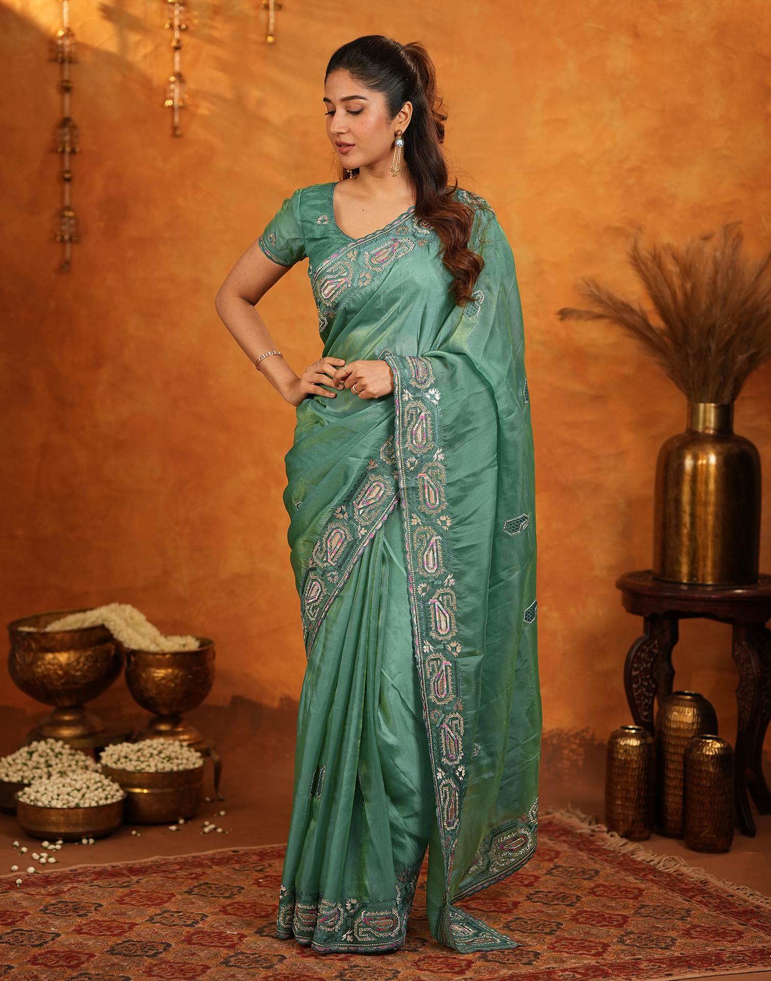 Teal Green Shimmer Silk Stone Work Embroidery Saree - Image 8