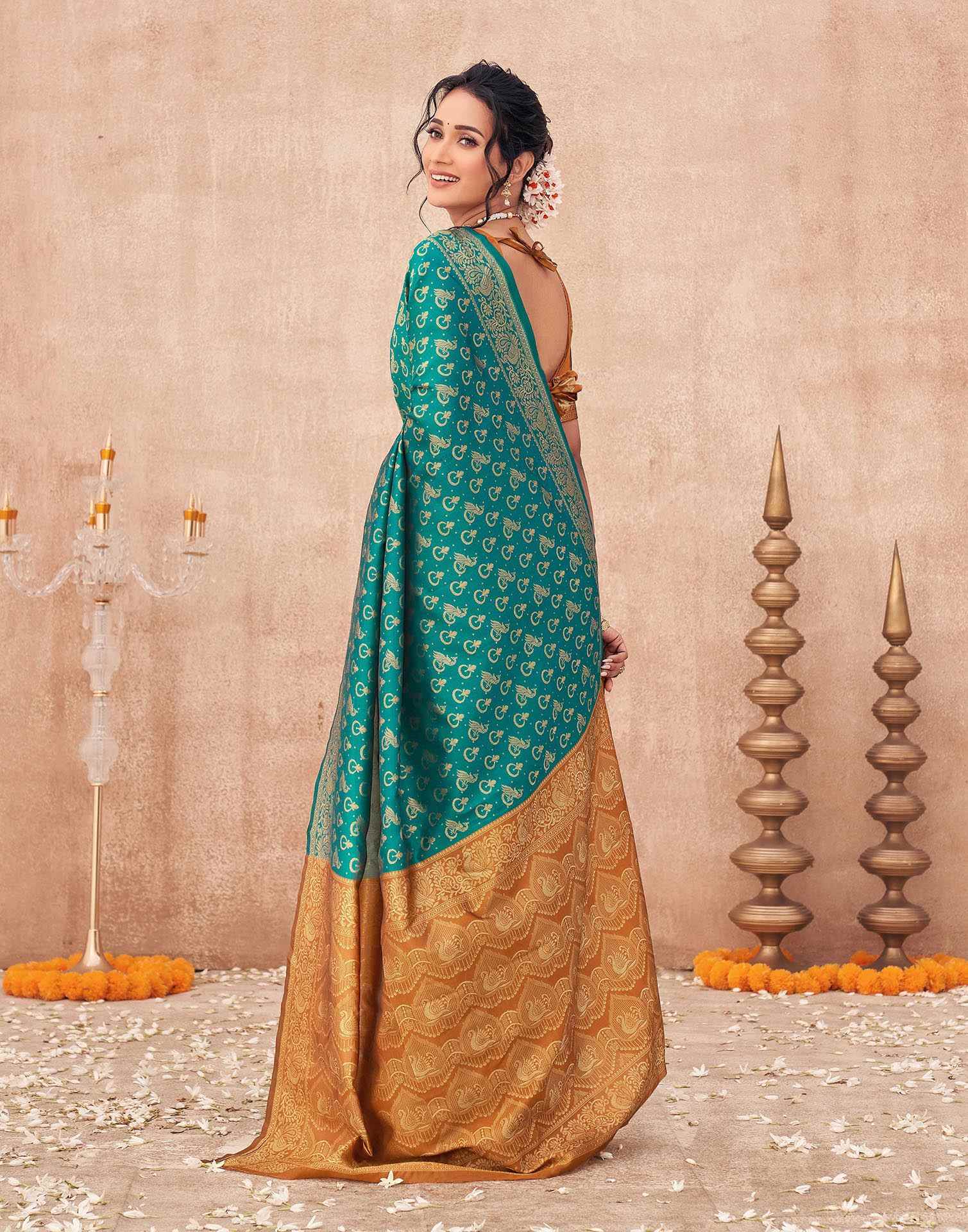 Teal Green Shimmer Silk Woven Banarasi Saree - Image 6